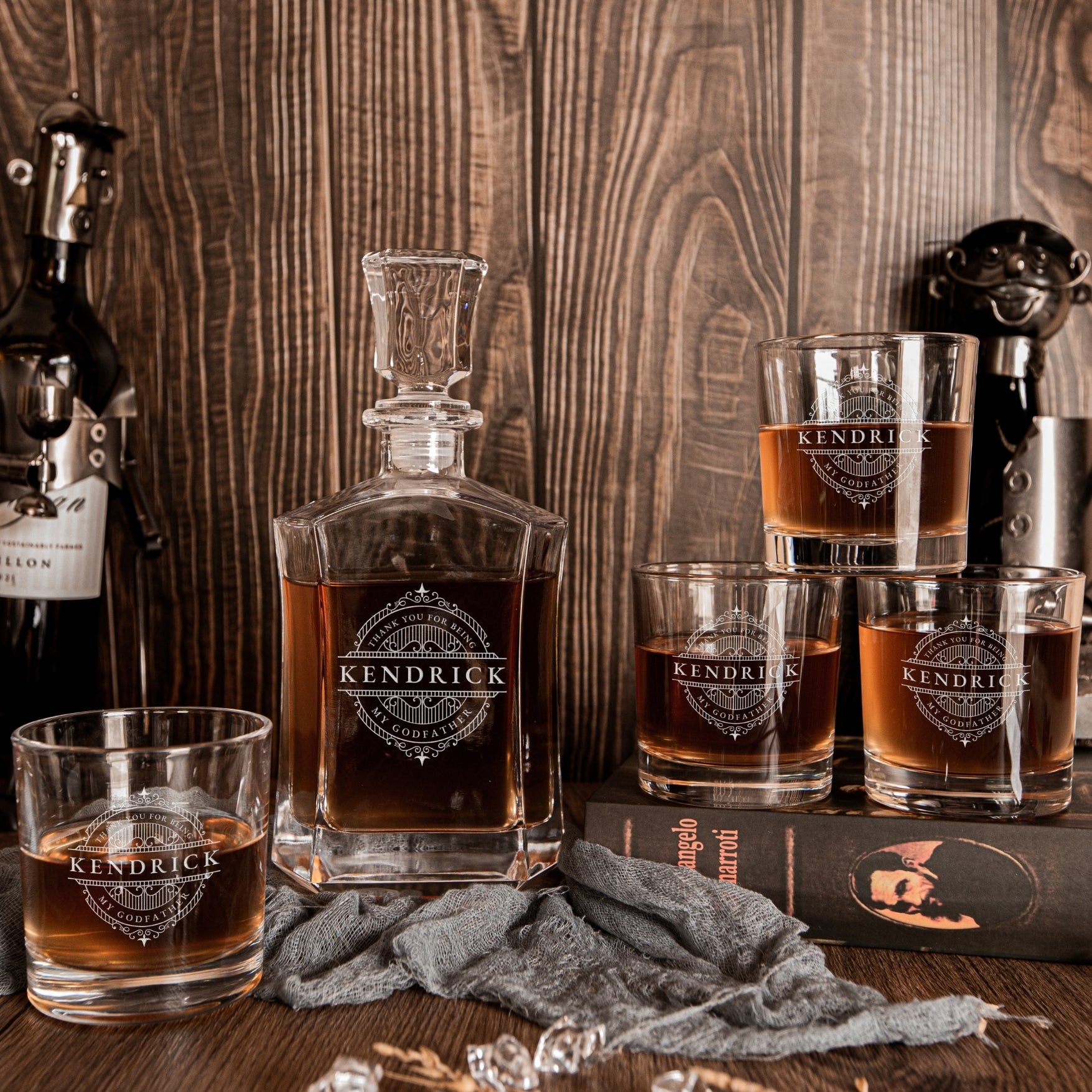 Custom Engraved Whiskey Decanter Set, 4  Glasses & Wooden Box, Personalised Logo Barware, Father, Birthday, Groomsmen Wedding Corporate Gift