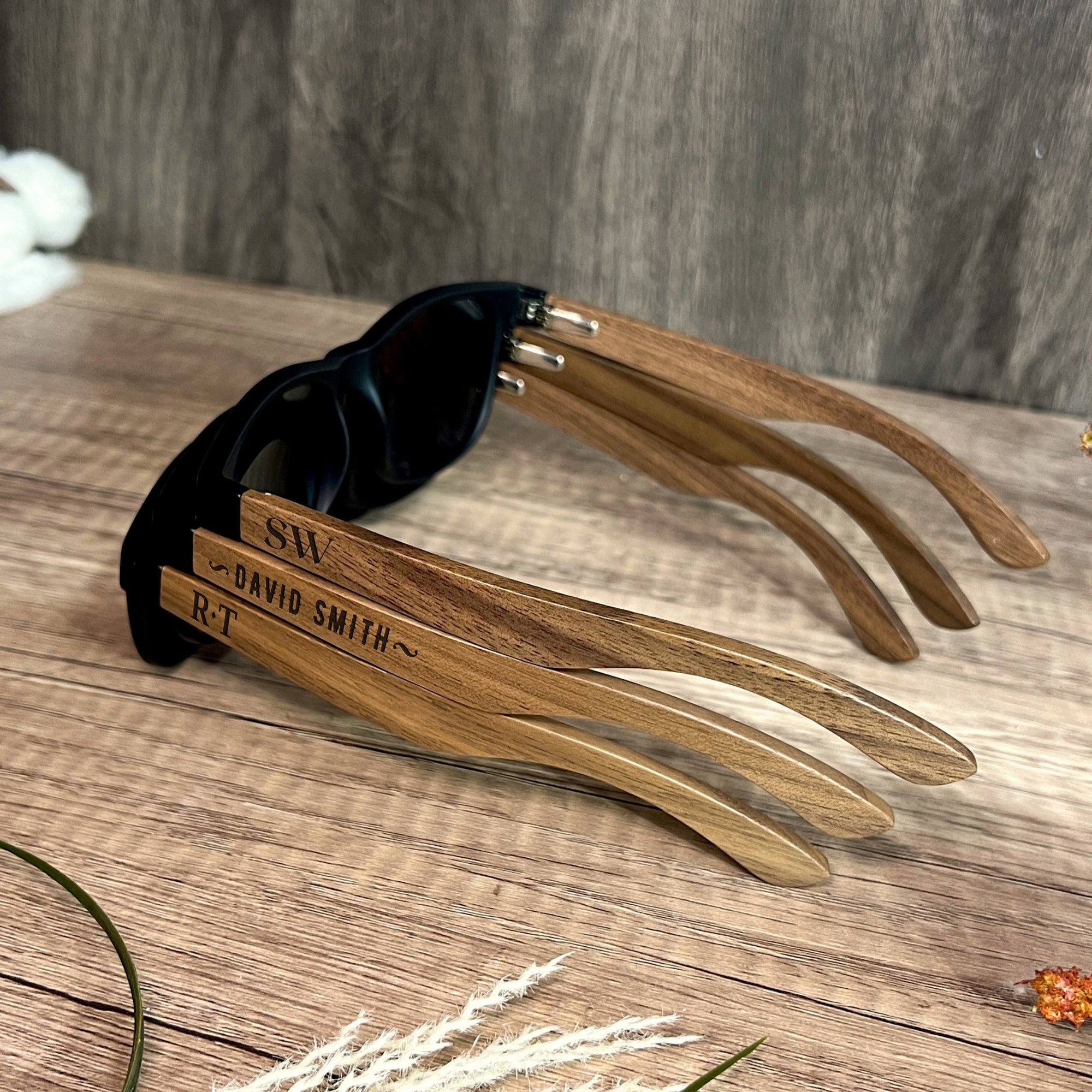 Personalised Wooden Polarised Sunglasses & Walnut Cylinder Box, Custom Engraved Logo Eyeware Glasses Case, Groomsman Dad Gift Wedding Favour