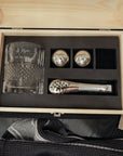 Personalised Deluxe Diamond Italian Crystal Whiskey Glass Gift Set with 2 Chilling Balls, Tongs & Pouch in Wooden Box