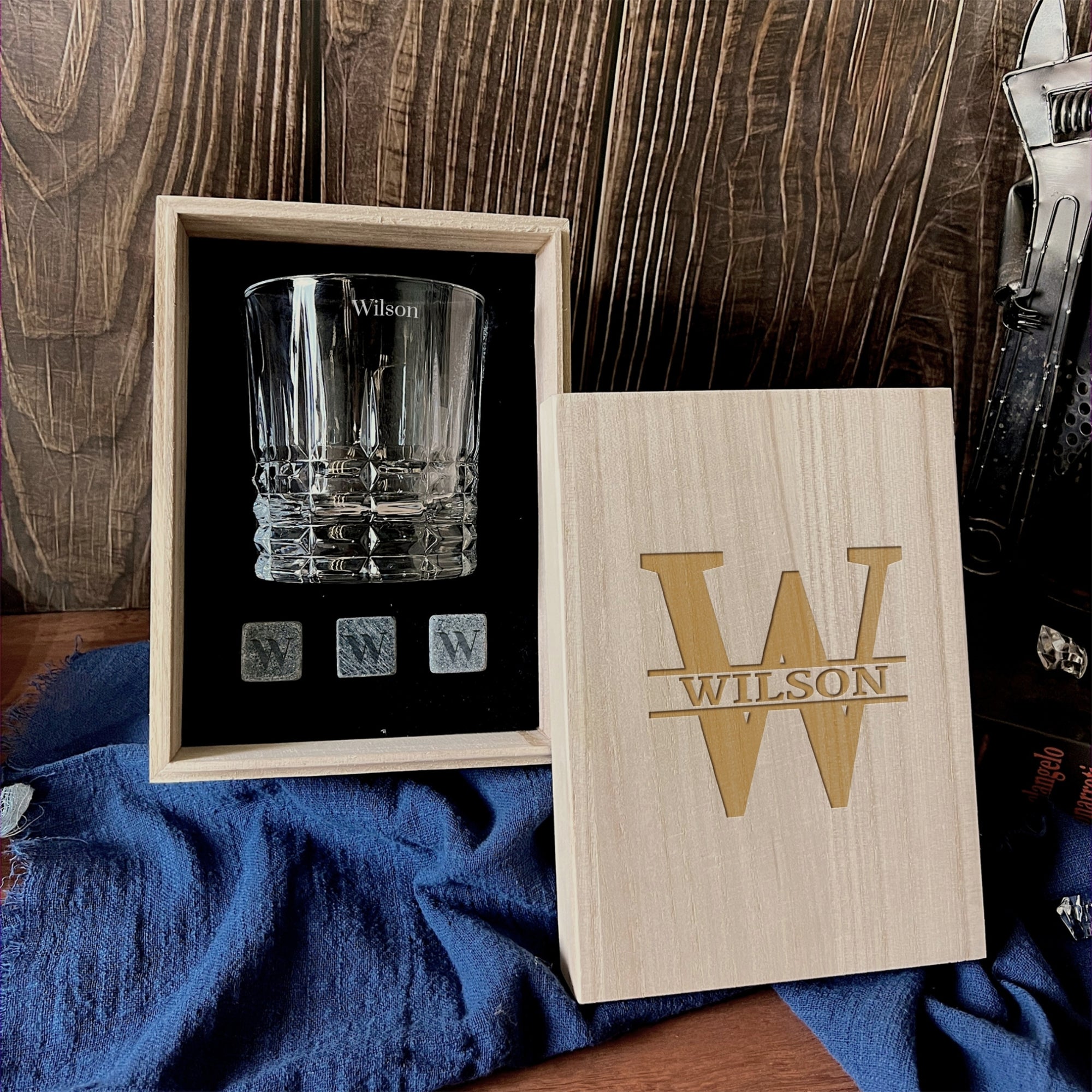 Personalised Wooden Whiskey Gift Box, Square Pattern Glass Ice Stones Coaster, Custom Logo Engraved Wedding Barware Set, Dad, Corporate Gift