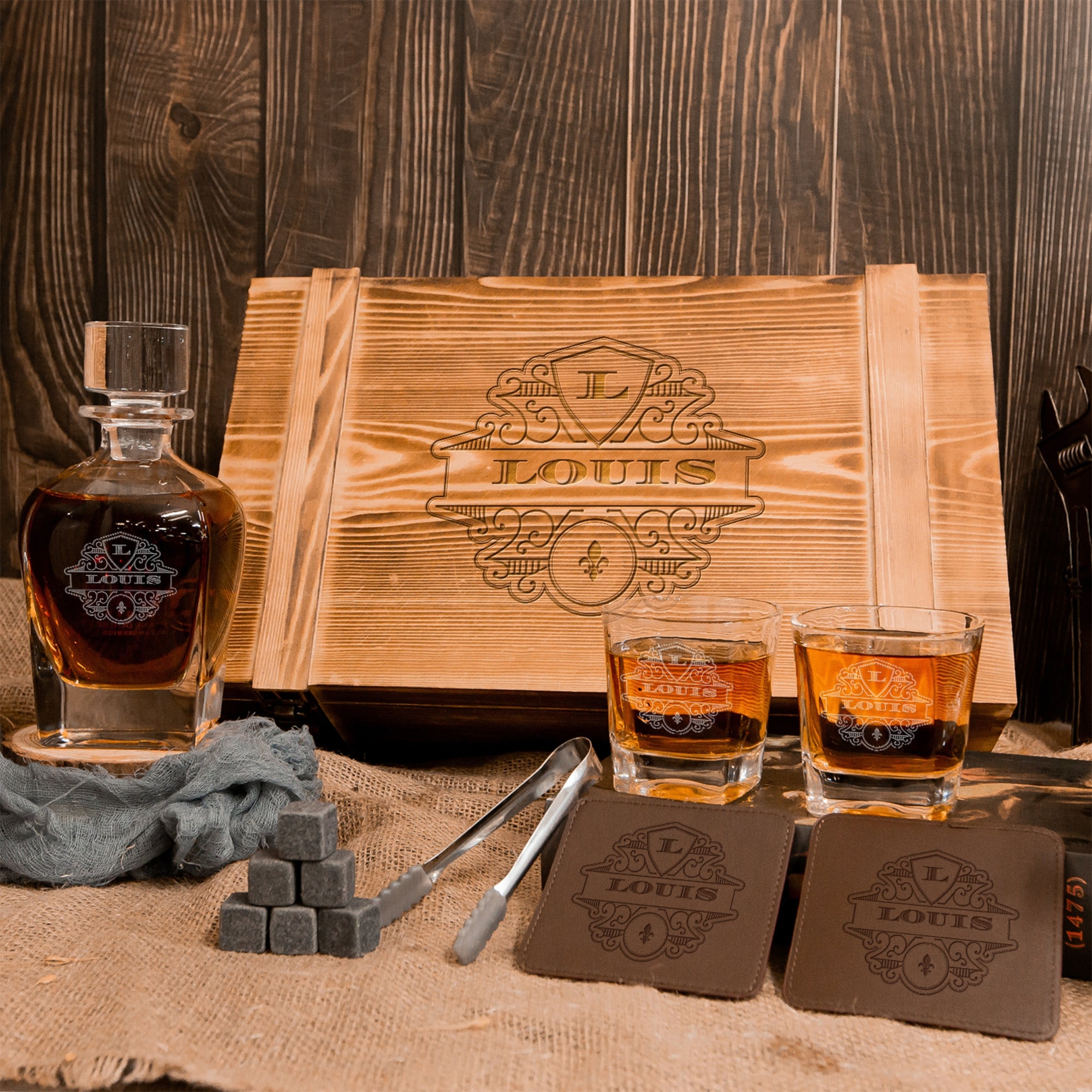 Personalised Army Wood Crate Whiskey Box, Whisky Decanter, 2 Glasses, 6 Ice Stones, 2 Coasters, Tongs, Etched Barware Groomsman Dad Gift Set