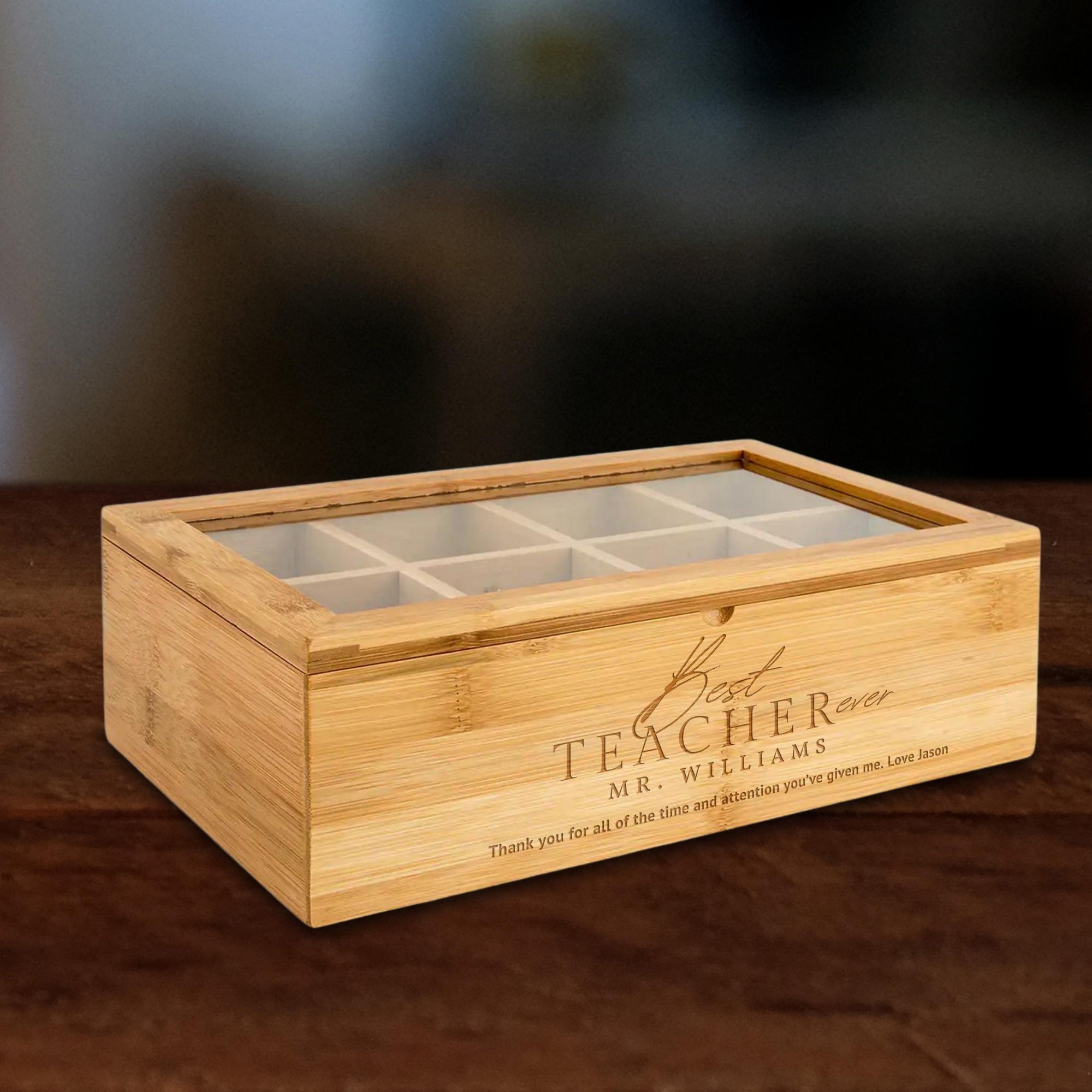 Personalised Bamboo 8 Slots Tea Bag Box, Etched Wooden Keepsake, Engraved Kitchen Custom Organised Storage, Housewarming/ Birthday, Mom-Dad, Teacher, Godparents Gift