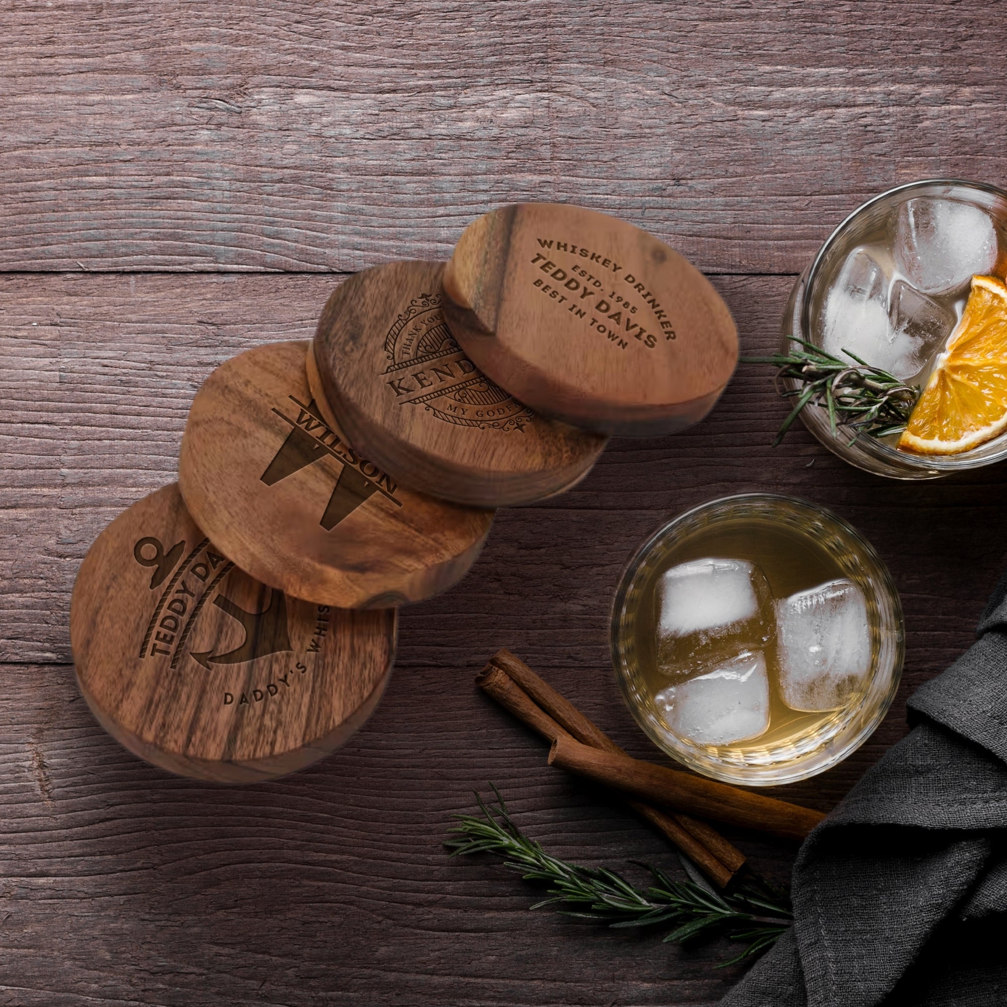 Custom Engraved Acacia Wooden Coaster, Personalised Drink Mat, Restaurant, Wedding/ Birthday/ Christmas Present, Corporate Housewarming Gift