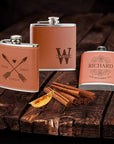 Personalised Tan Leatherette Stainless Steel 7oz Hip Flask, Funnel, Shot Glasses Set Custom Engraved Logo Groomsman, Dad, Corporate Gift Box