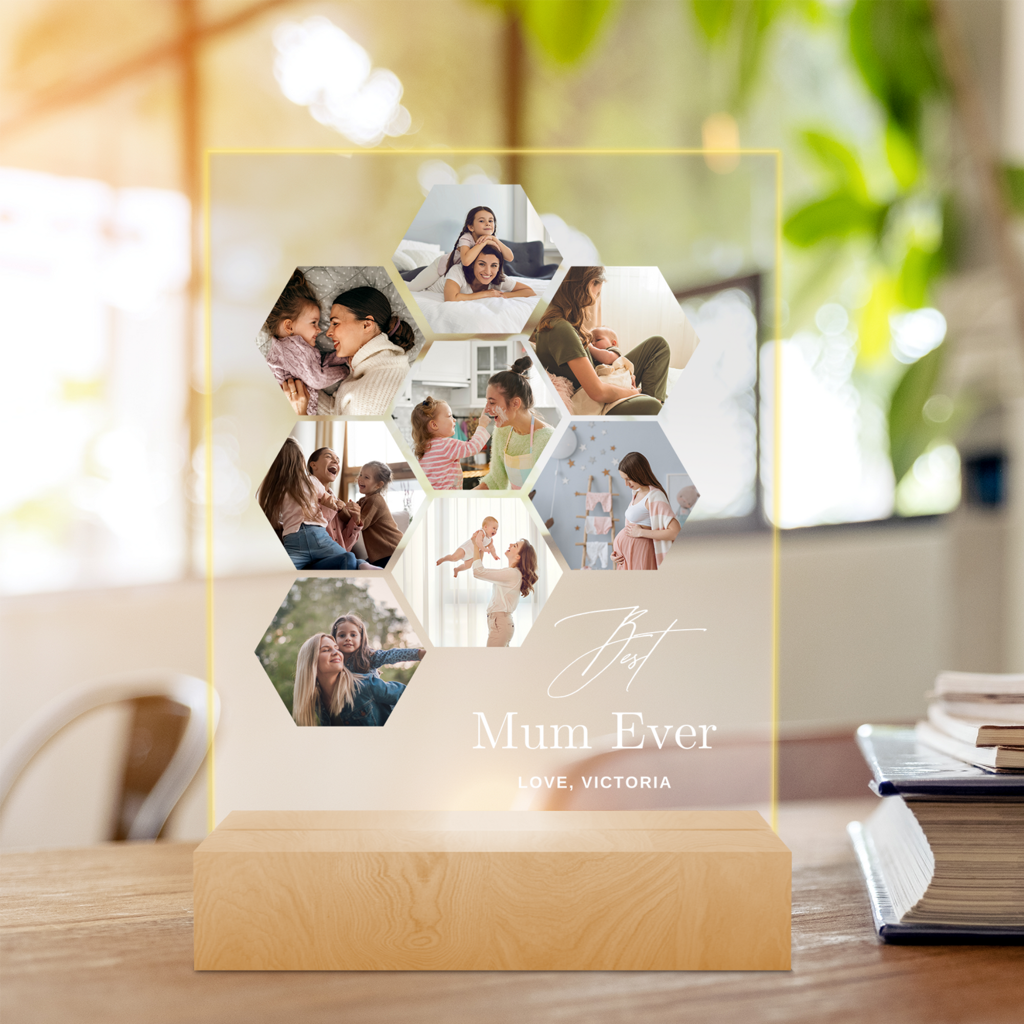 Custom 3D Honeycomb Collage Photos & Names LED Night Light, Personalised Print Acrylic Wooden Table Lamp Sign Room Decor, Mother's Day Gift