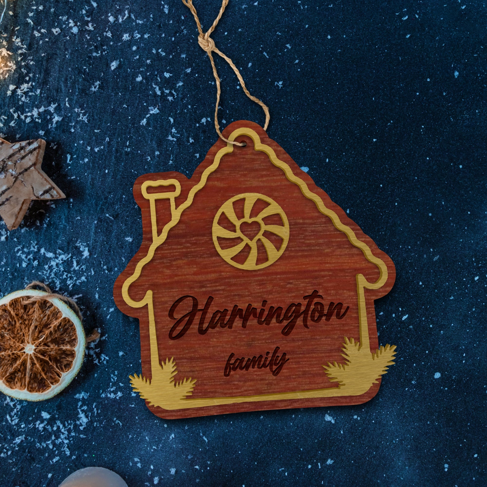 Personalised Double Layer Wood Gingerbread House Christmas Bauble, Custom Engraved Name Hanging Tree Ornament, Housewarming Decor Gift Tag