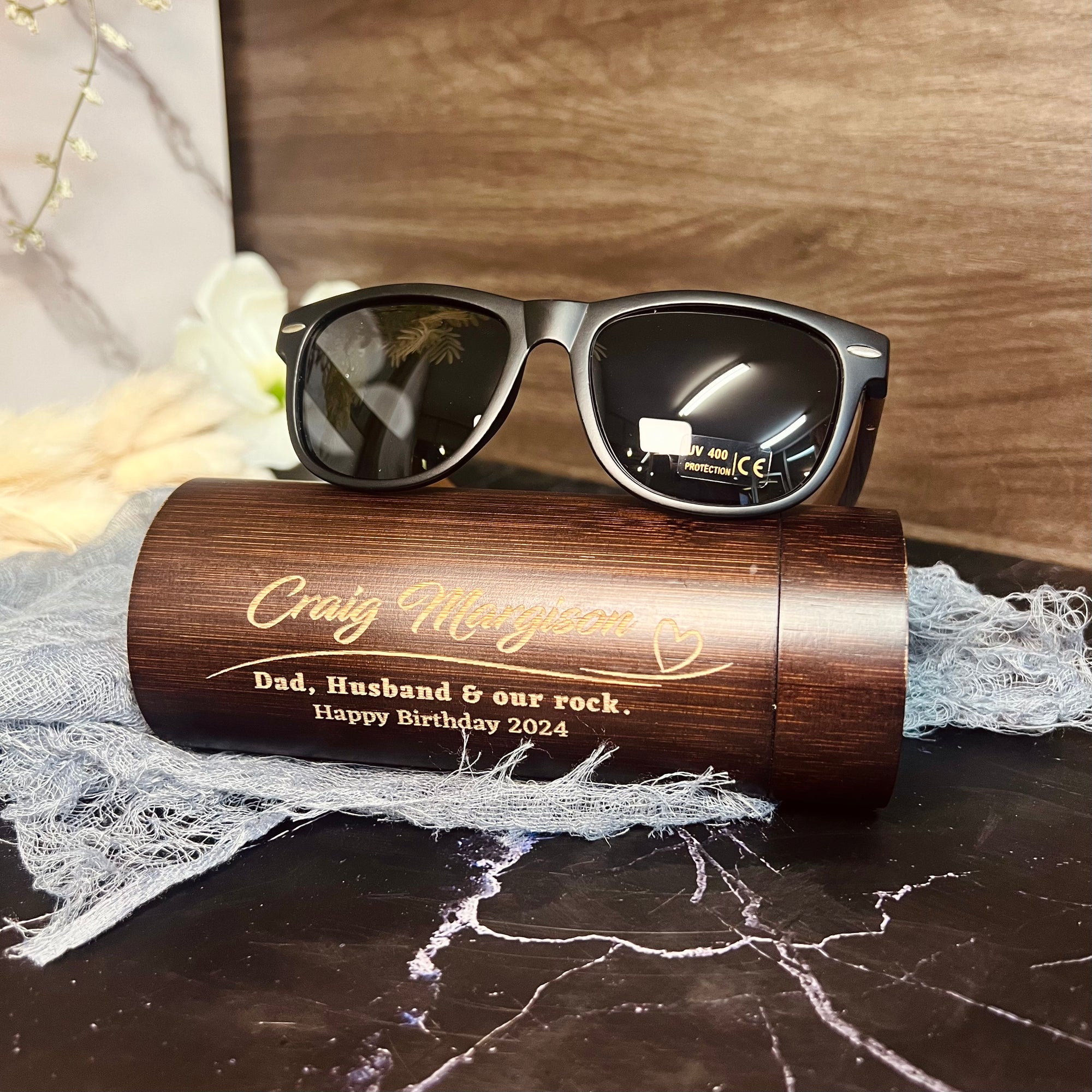 Personalised Wooden Polarised Sunglasses & Walnut Cylinder Box, Custom Engraved Logo Eyeware Glasses Case, Groomsman Dad Gift Wedding Favour