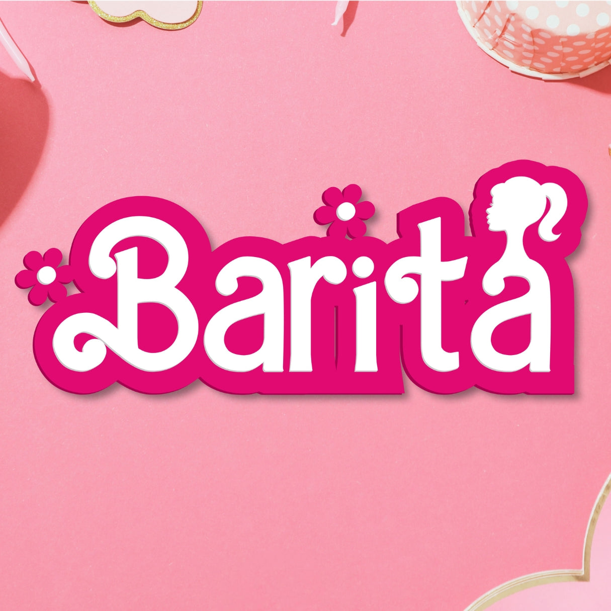 Custom Acrylic 3D Double Layer Barbie & Flower Icon Script Name Sign, Personalised Mirror Kid Nursery Wall Decor, Wedding, Birthday, Bridal Shower Signage