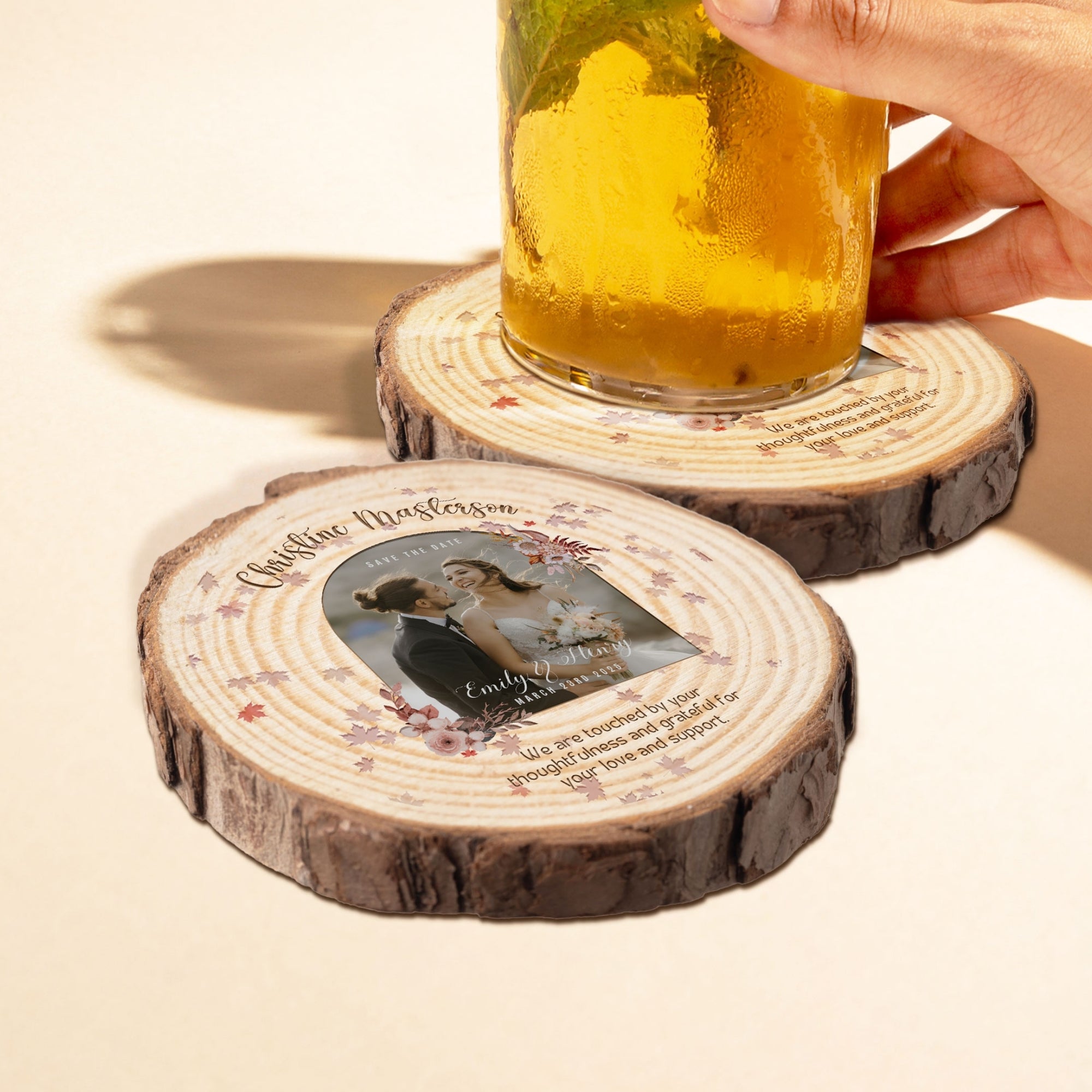 Custom UV Print Photo Wedding Wood Slice Coaster, Personalised Logo Thank You Place Card, Rustic Drink Mat Bridesmaid Favour Hens Party Gift