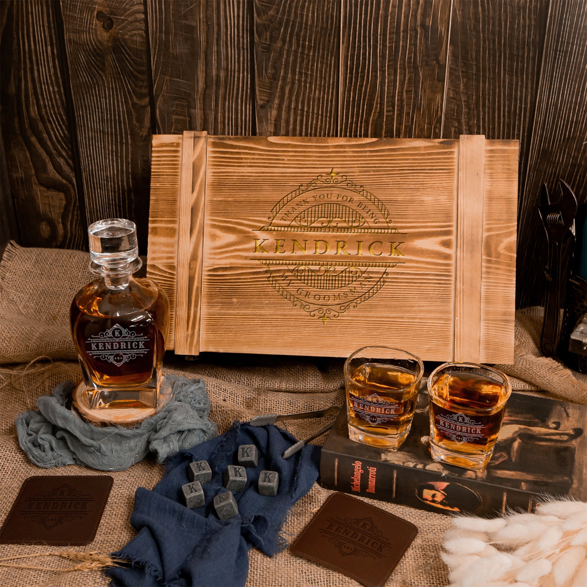Personalised Army Wood Crate Whiskey Box, Whisky Decanter, 2 Glasses, 6 Ice Stones, 2 Coasters, Tongs, Etched Barware Groomsman Dad Gift Set