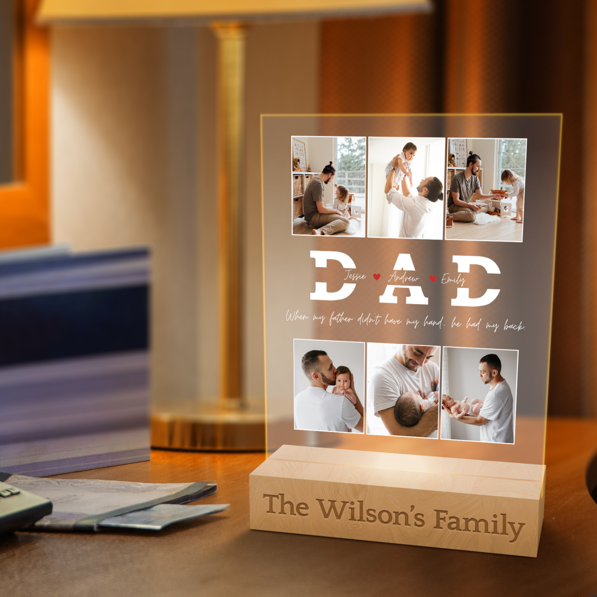 Custom 3D Collage Dad Photos & Names LED Night Light, Personalised UV Printed Acrylic Wooden Table Lamp Sign, Room Decor, Father's Day Gift