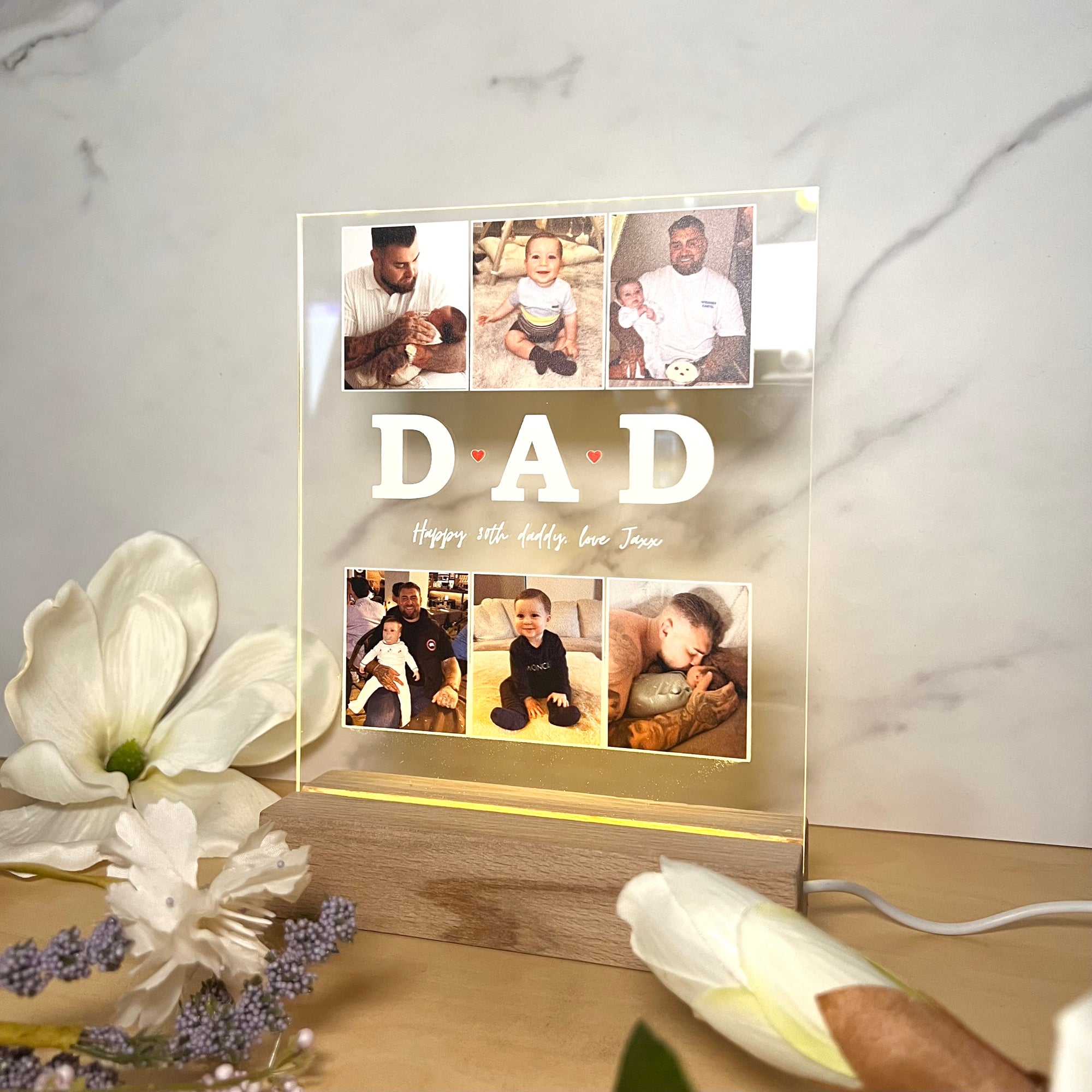 Custom 3D Collage Dad Photos & Names LED Night Light, Personalised UV Printed Acrylic Wooden Table Lamp Sign, Room Decor, Father's Day Gift