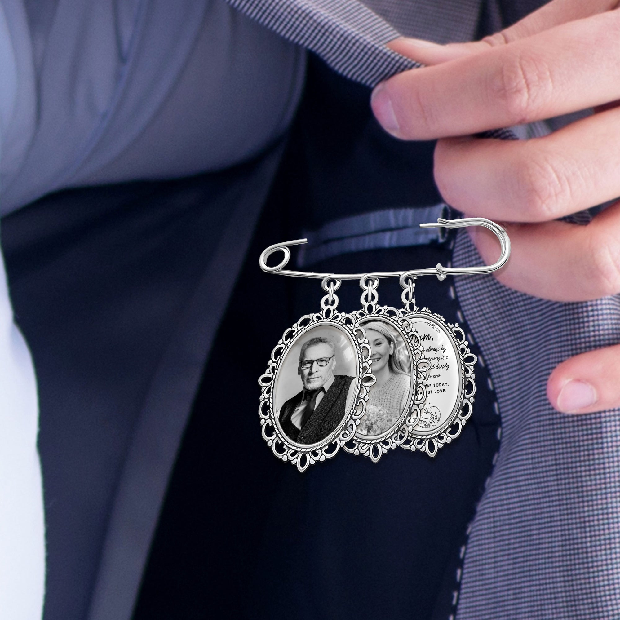 Personalised Photo & Message Memorial Groom Lapel Pin/ Tie Clip, Bridal Bouquet Charm, Vintage Brooch Pendant, Heaven Wedding Keepsake Gift