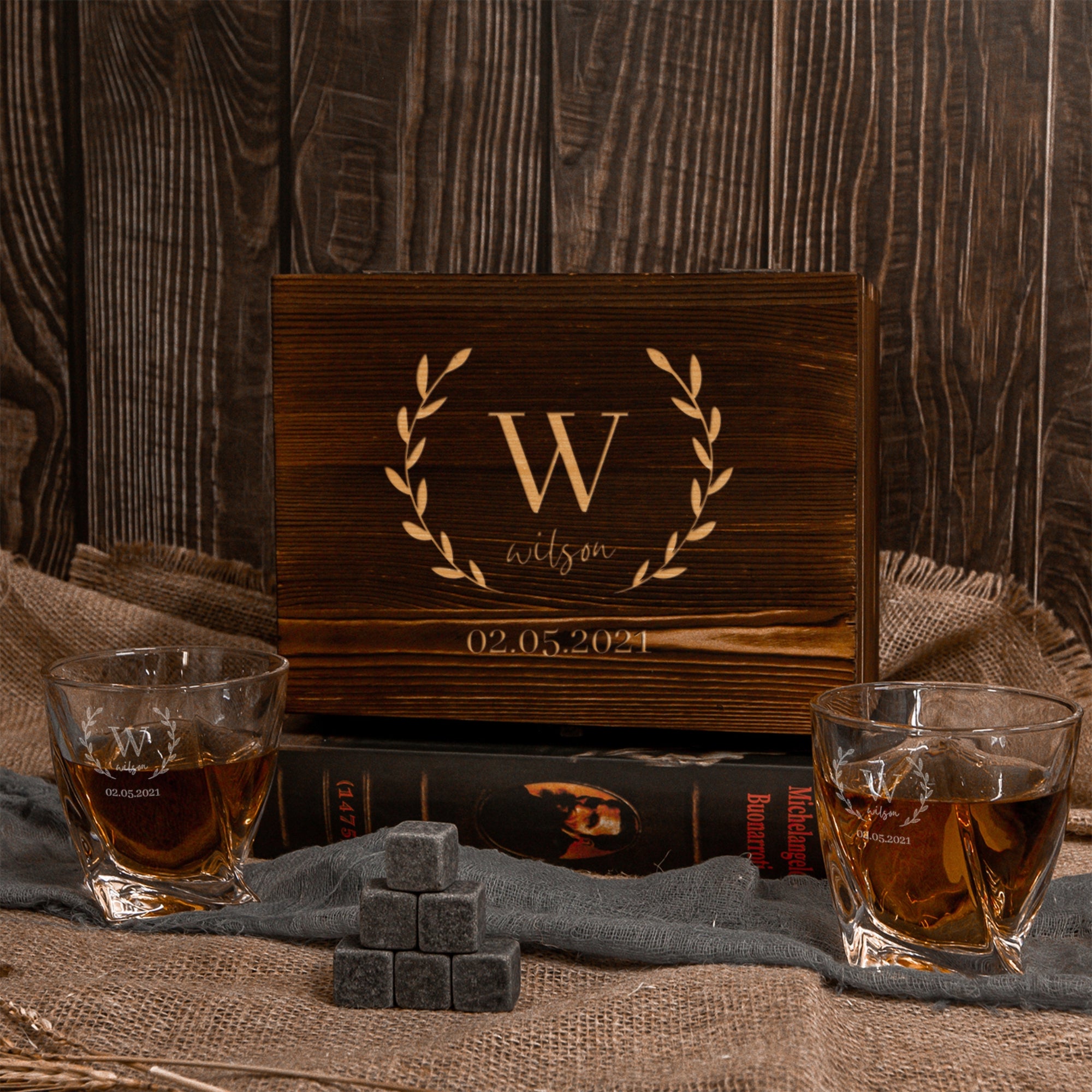 Custom Engraved Whiskey Wooden Box - 2 Twisted Scotch Glasses & 6 Rock Ice Stones, Personalised Barware Set, Groomsman, Father Birthday Gift