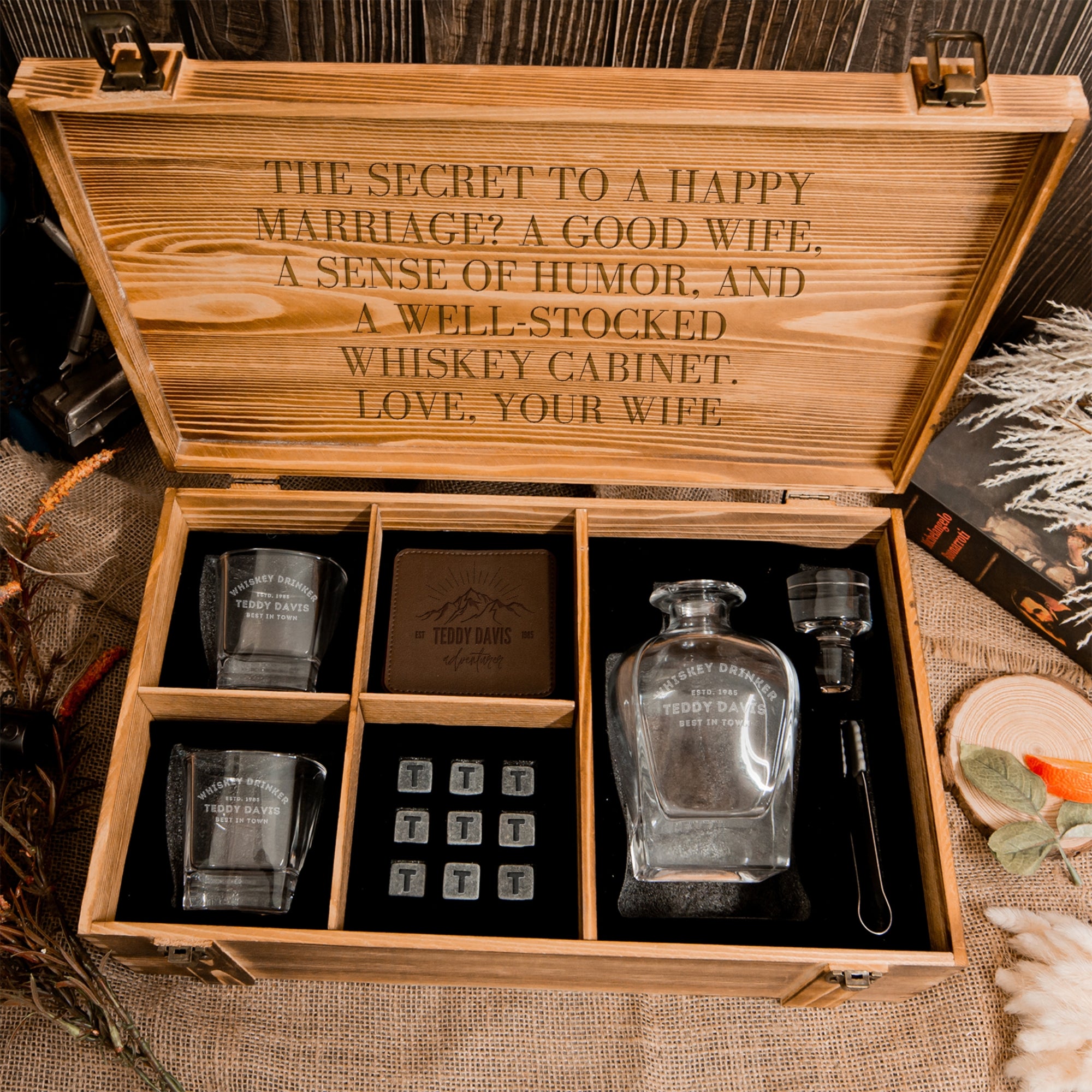Personalised Army Wood Crate Whiskey Decanter & Glasses Box, Custom Engraved Barware Set, Groomsman Dad, Birthday, Wedding, Corporate Gift
