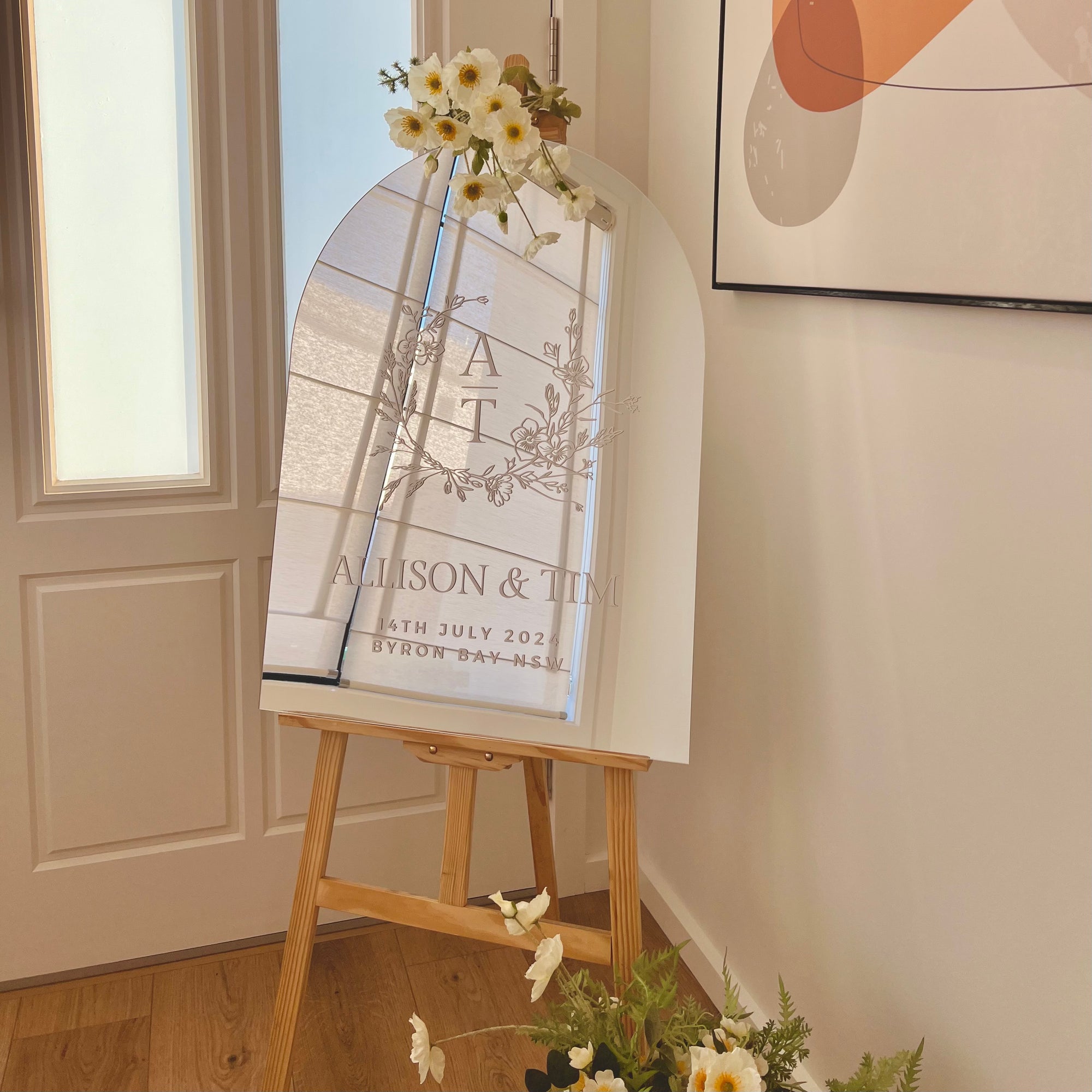 Personalised Acrylic Floral Wreath Arch Wedding Signage, Custom UV Print Monogram & Names Mirror Welcome Sign, Engagement/ Anniversary Decor