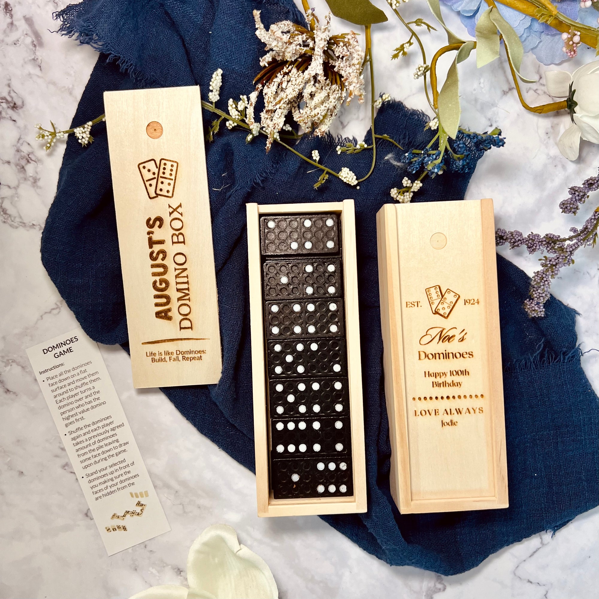 Personalised Wooden Domino Box, Engraved Tile Game, Family Party Interactive Dice Board Games, Custom Timber Children Dominoes, Kid Birthday, Father's Day Gift Set