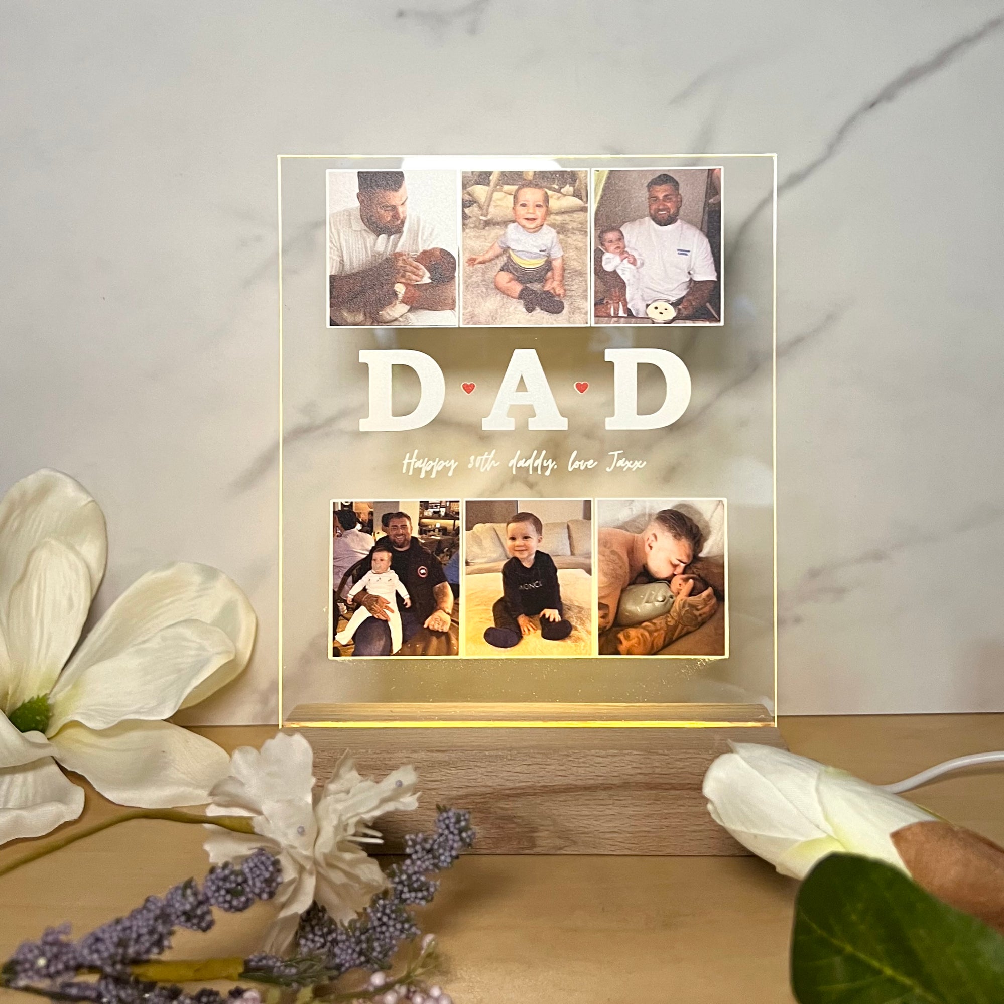 Custom 3D Collage Dad Photos & Names LED Night Light, Personalised UV Printed Acrylic Wooden Table Lamp Sign, Room Decor, Father's Day Gift