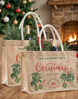 Personalised Christmas Eve Jute Bag, Customised Merry Xmas Stamp Presents Burlap Tote Bag, Kid Family Santa North Pole Delivery Gift Storage