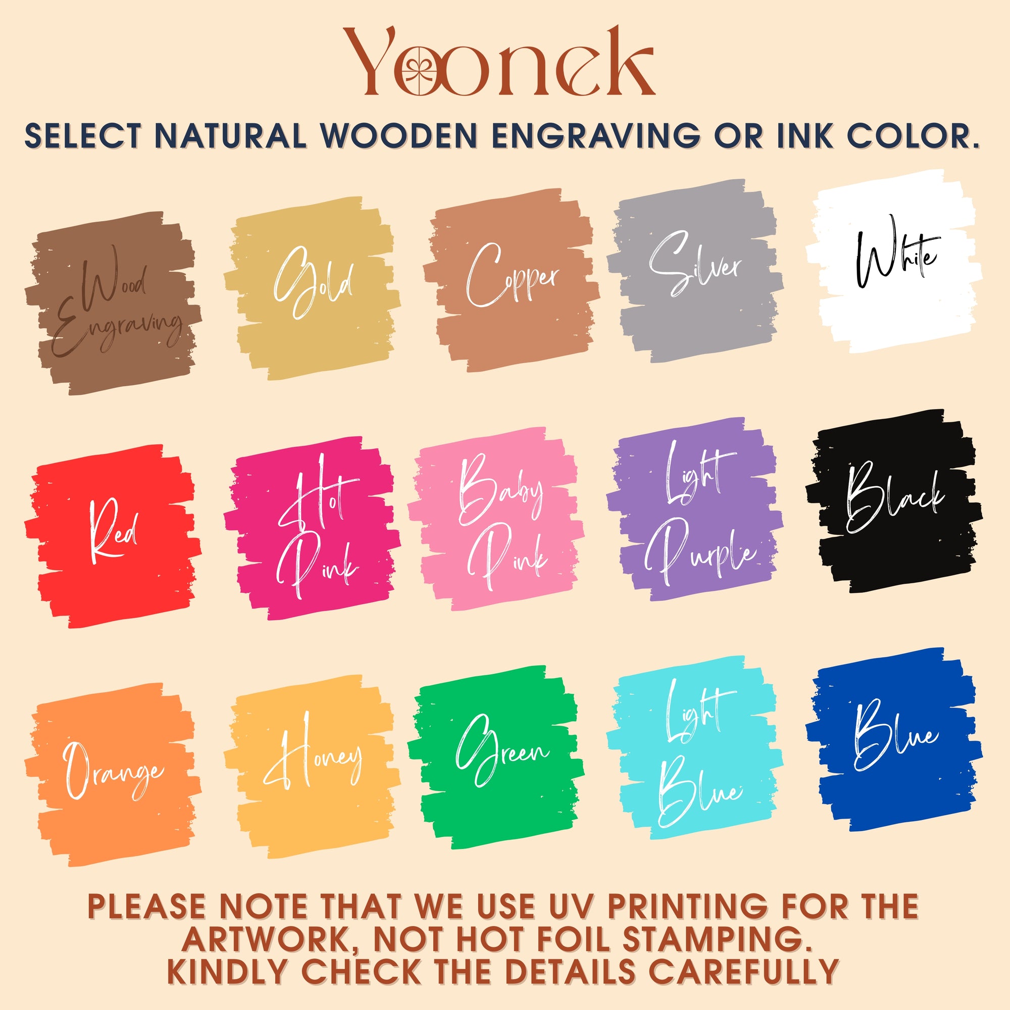 Color swatches for natural wooden engraving or ink color selection by Yoonek, with text indicating UV printing details.