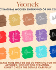 Color swatches for natural wooden engraving or ink color selection by Yoonek, with text indicating UV printing details.