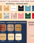 Color swatches for painted MDF, laminated plywood, and acrylic materials with labels.