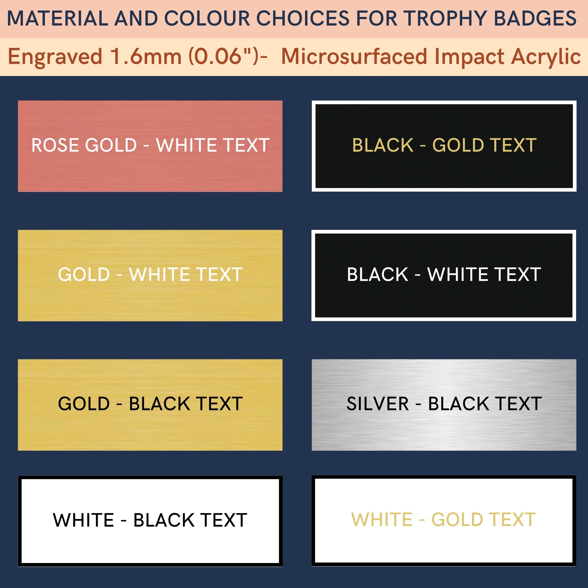 Color swatches for trophy badges with text options - Metal Impact Acrylic