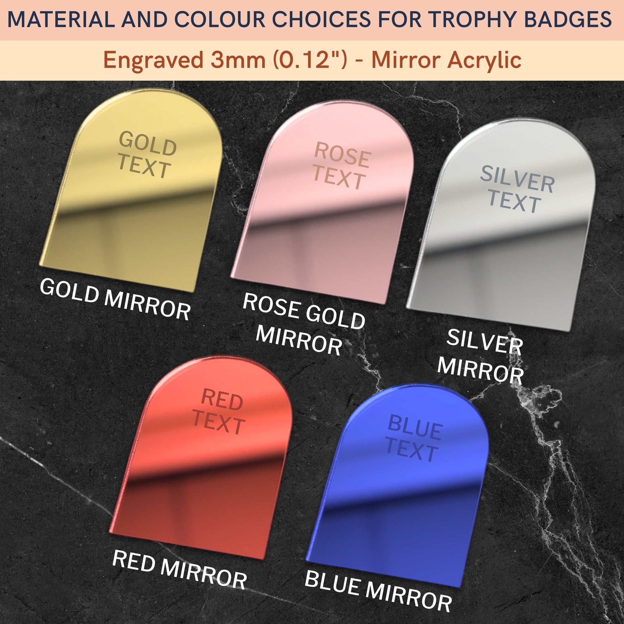 Color swatches for trophy badges with text options - Mirror Acrylic