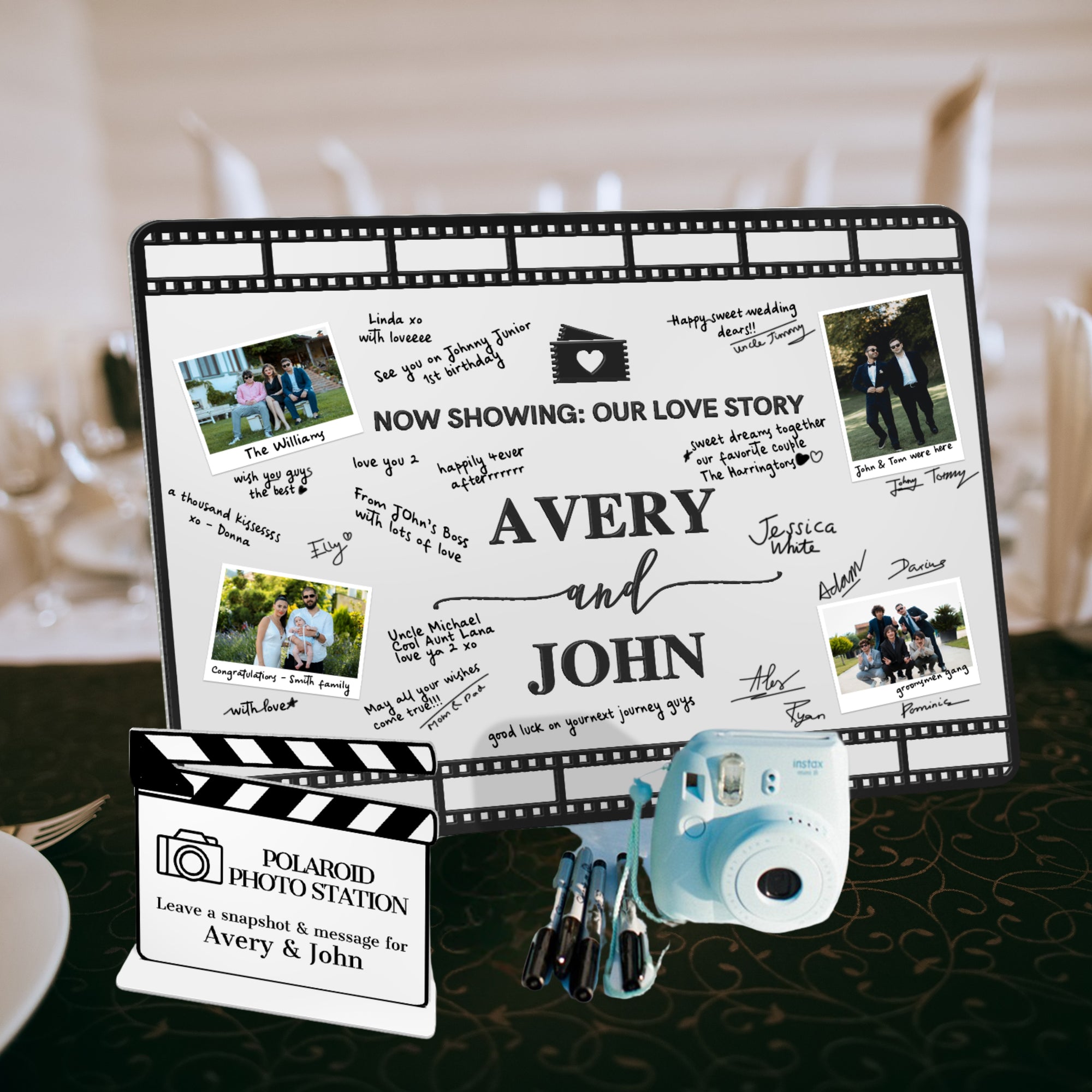 Custom 3D Acrylic White Wedding Cinefilm Guest Book Alternative, Personalised Couple Name & Date Instax Polaroid Photo Sign, Welcome Signage