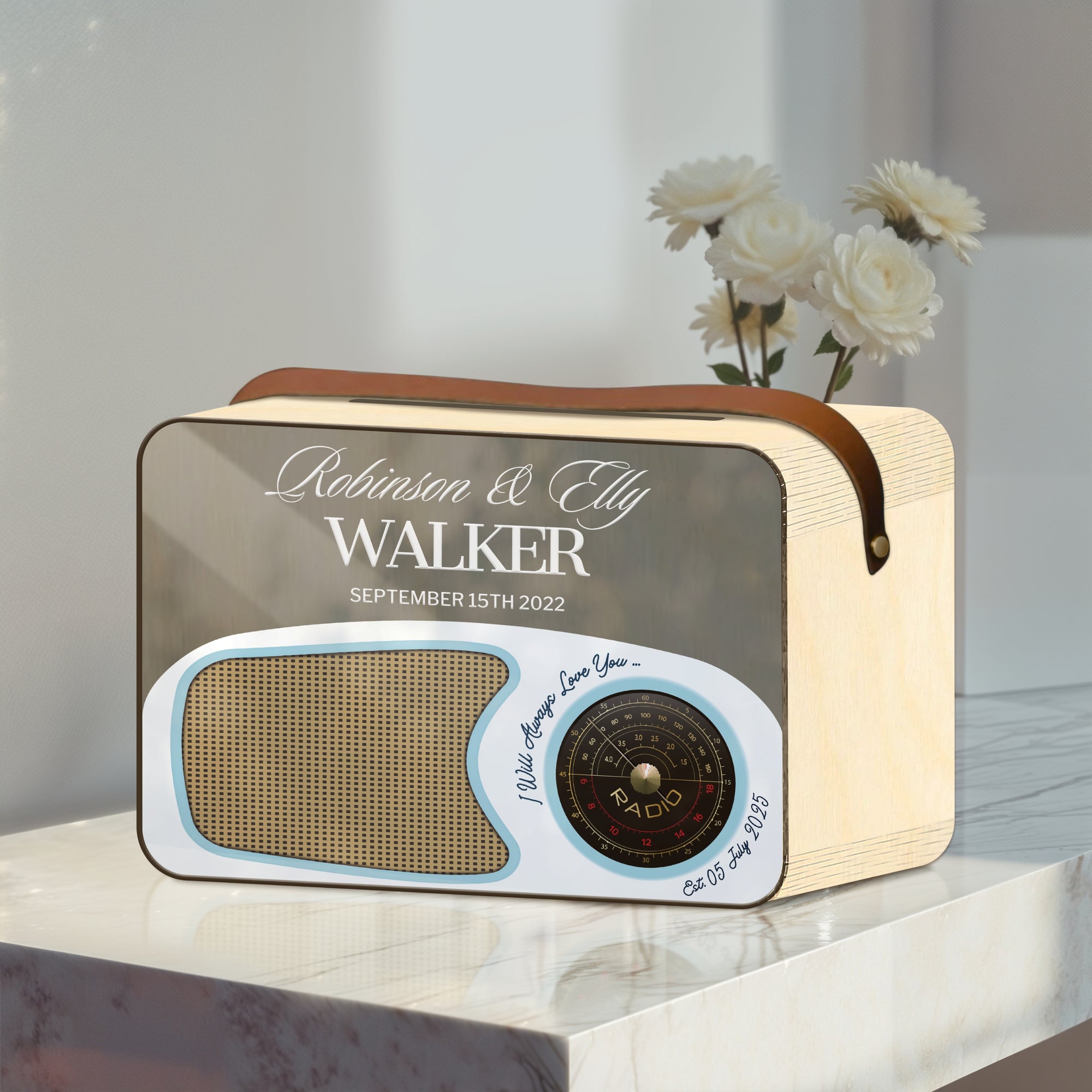 Custom Plywood Acrylic Retro Radio Wishing Well Box - Leatherette Carry Handle & Sign, Personalised Money Card Wedding Memory Keepsake Gift