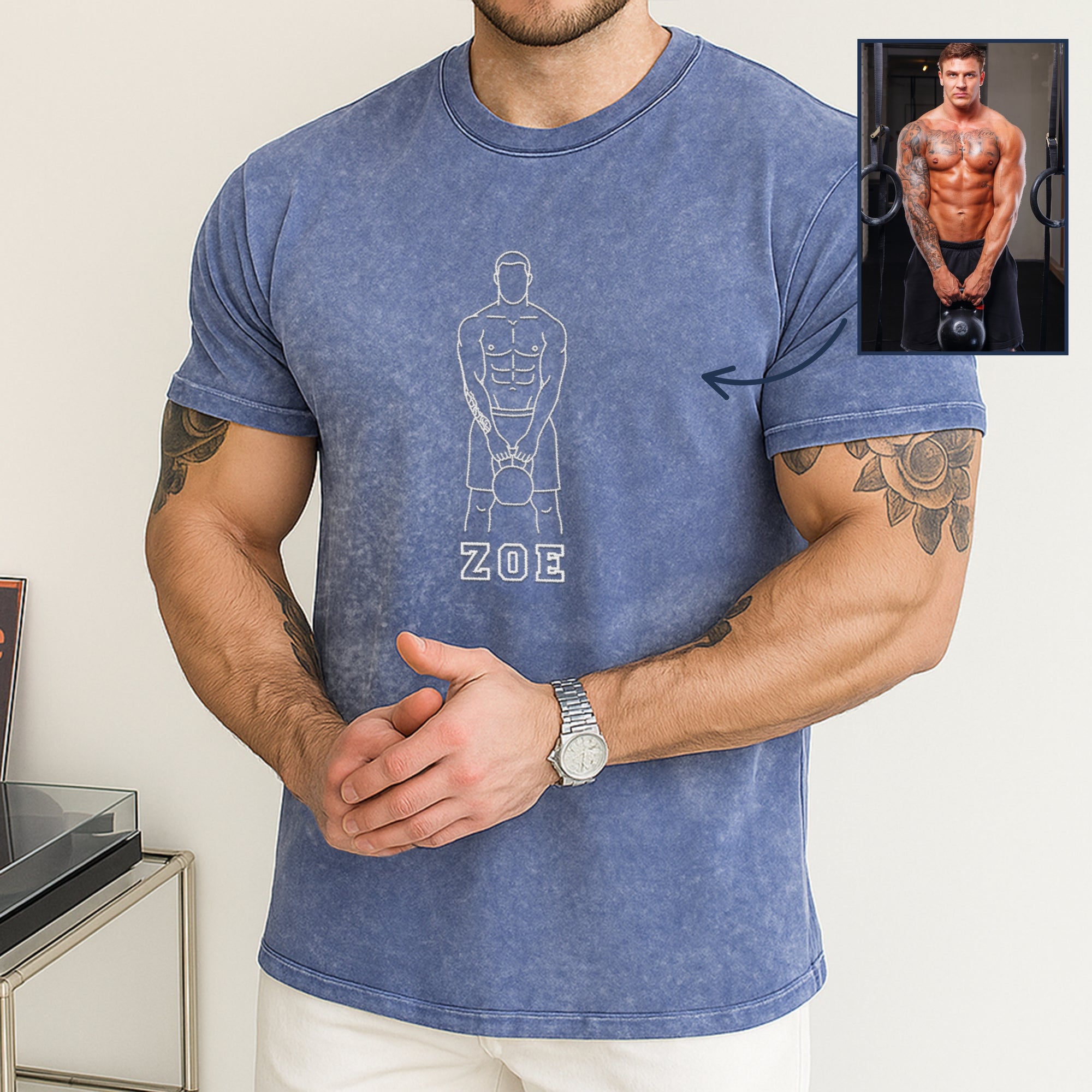 Custom Embroidered Photo Outline Unisex Stone Wash T-shirt, Personalised Crewneck Tee, Family Couple, Pet Portrait Shirts Birthday Xmas Gift