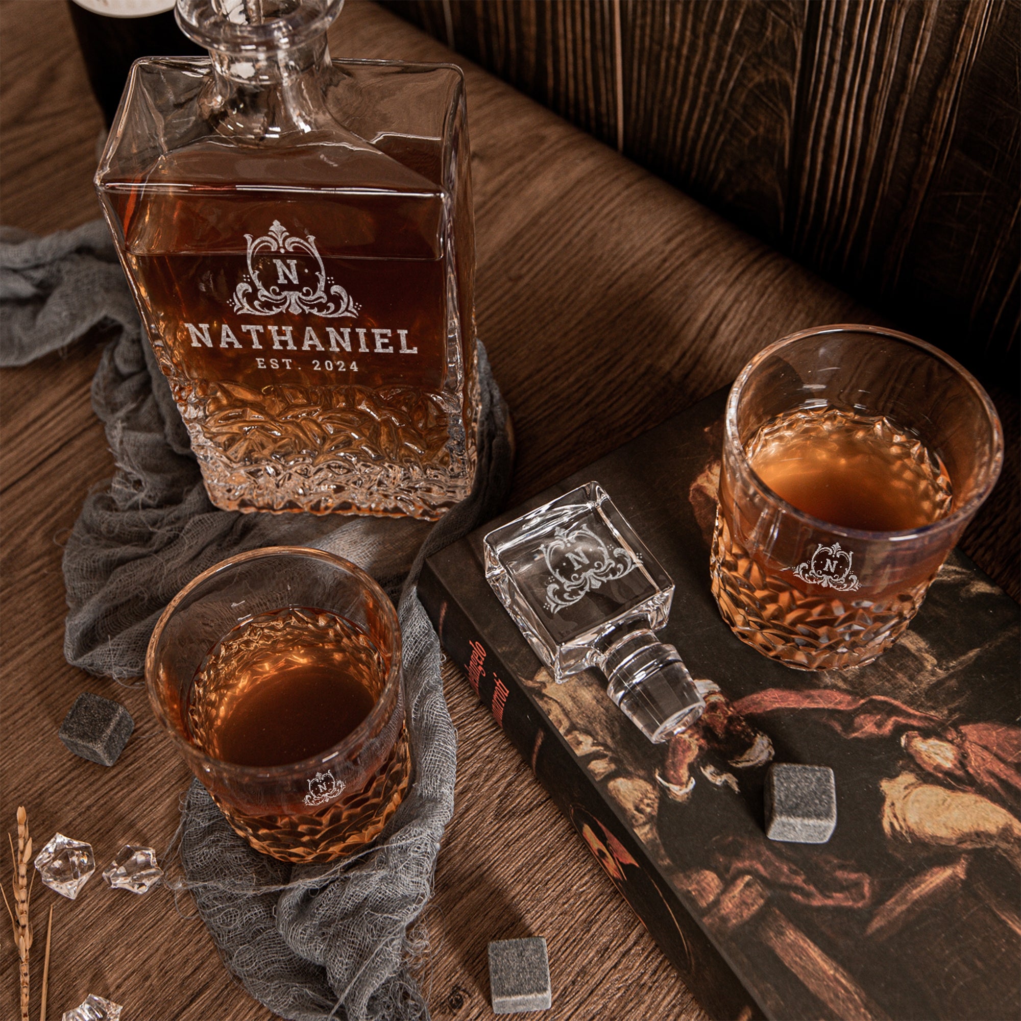 Custom Engraved Carving Old Fashion Whiskey Decanter Set, 4  Scotch Glasses & Wooden Box, Personalised Barware Dad, Groomsmen Corporate Gift