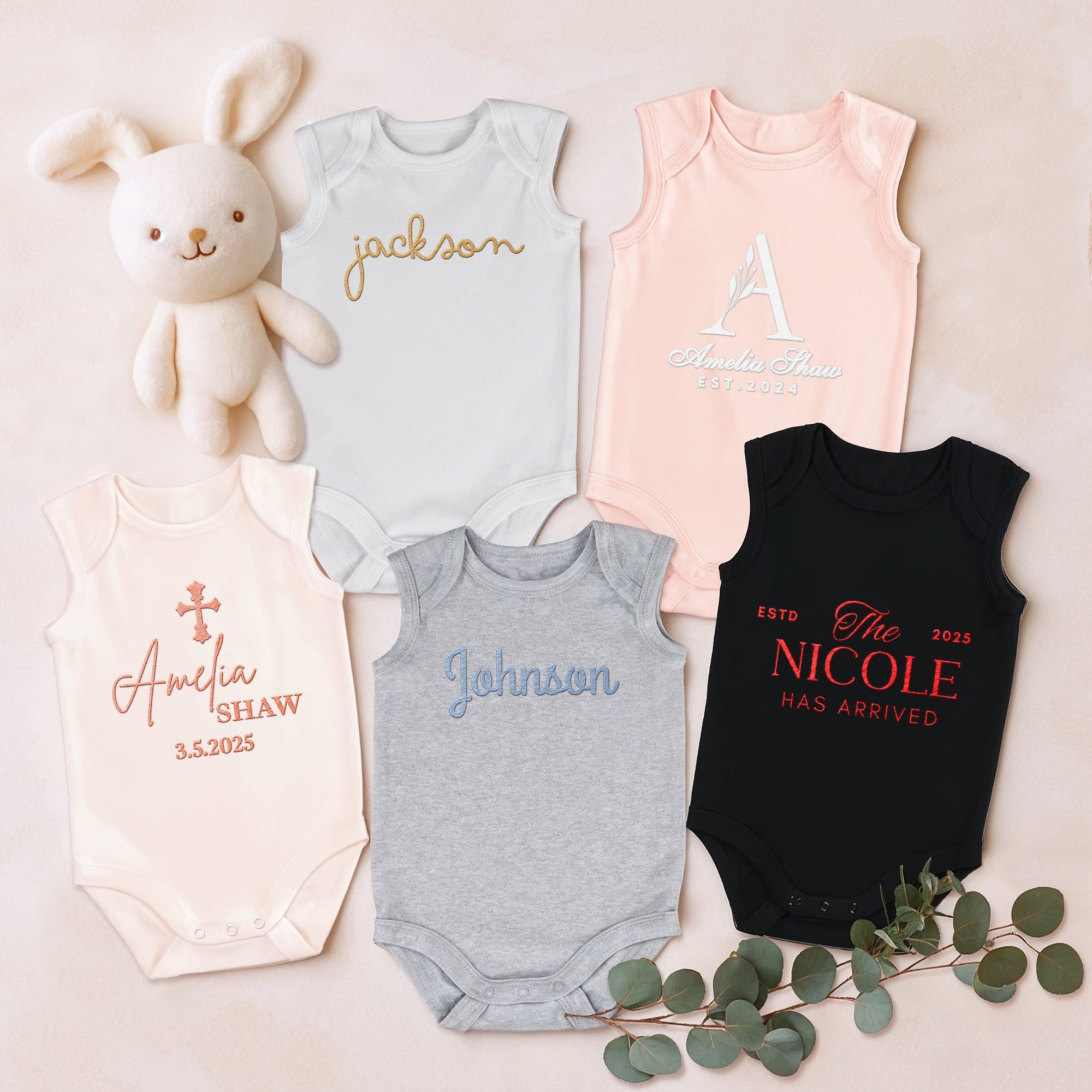 Custom Embroidered Baby Name Sleeveless Bodysuit, Personalised Pregnancy Announcement Onesies, Christening Keepsake, Birthday Shower Gift