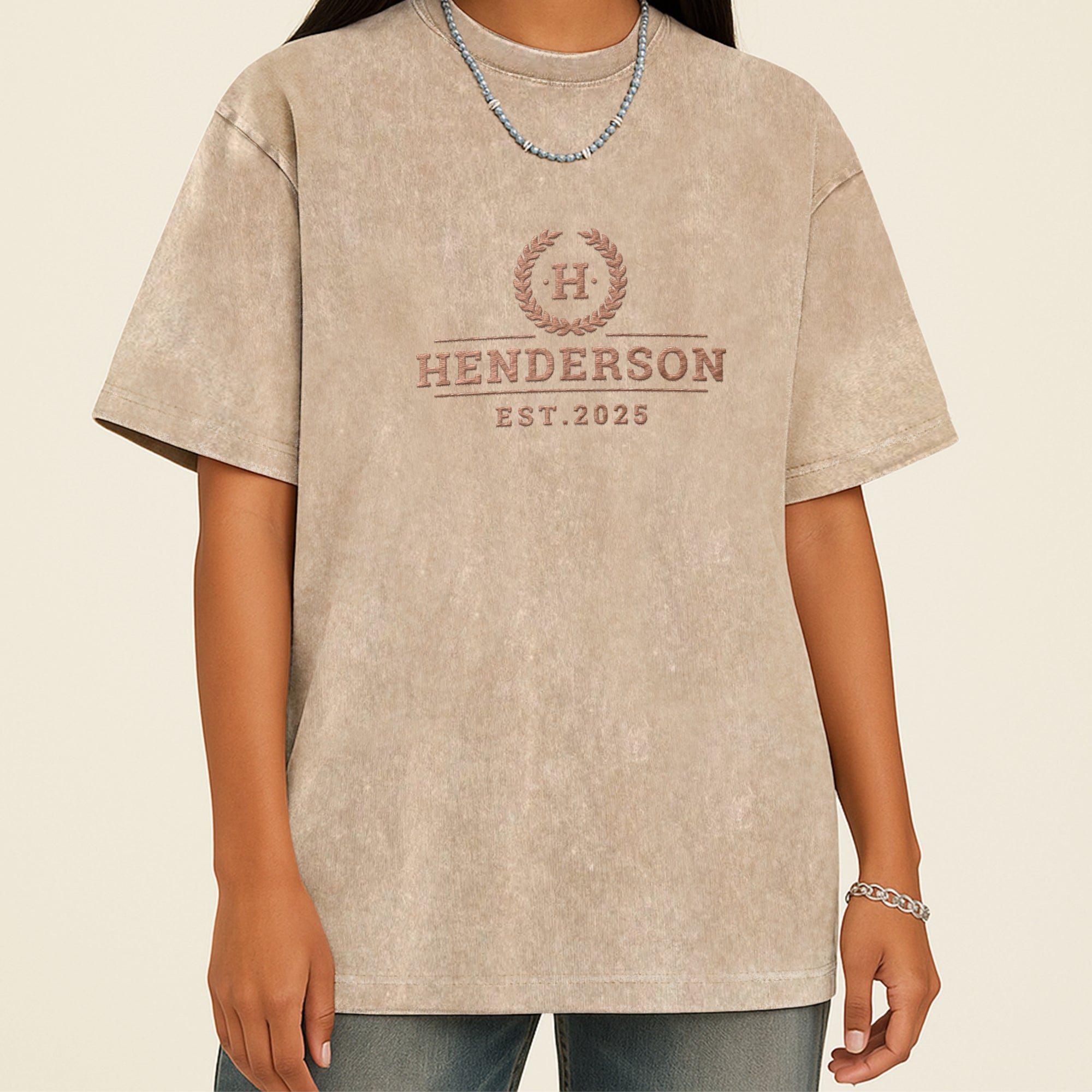 Custom Embroidered Unisex Stone Wash T-shirt, Personalised Crewneck Vintage Tee Friendship Couple Shirts Embroidery, Birthday Corporate Gift