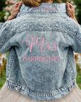 Custom Embroidered Bride Pearl Denim Jacket, Personalised Embroidery Name Date LGBT Wedding Future Mrs Bridesmaid/ Honeymoon Hens Party Gift
