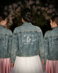 Custom Embroidered Bride Pearl Denim Jacket, Personalised Embroidery Name Date LGBT Wedding Future Mrs Bridesmaid/ Honeymoon Hens Party Gift