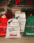 Custom Embroidered Canvas North Pole Delivery Christmas Bag, Personalised Xmas Santa Sack, Holiday Decor, Family Kid Gift Drawstring Storage