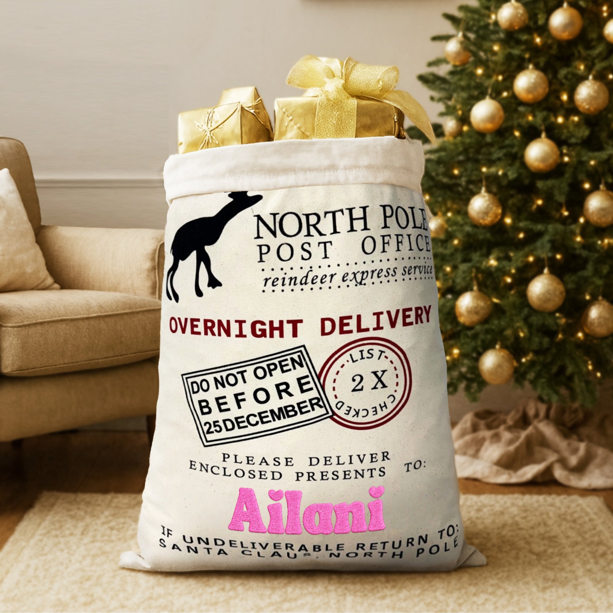 Custom Embroidered Canvas North Pole Delivery Christmas Bag, Personalised Xmas Santa Sack, Holiday Decor, Family Kid Gift Drawstring Storage