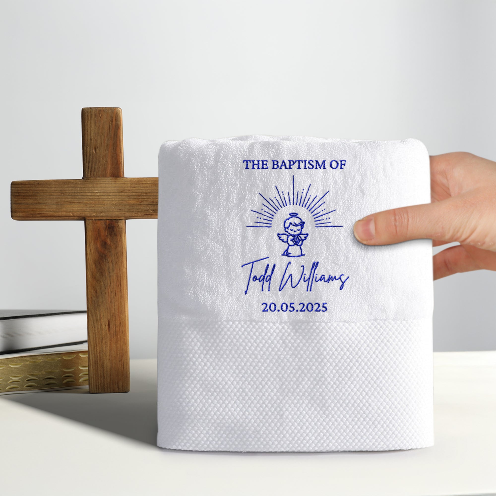 Personalised Embroidered Christening Baptism White Bath Towel, Custom Name Logo Newborn Baby Shower Gift, Godchild, Church Children Keepsake