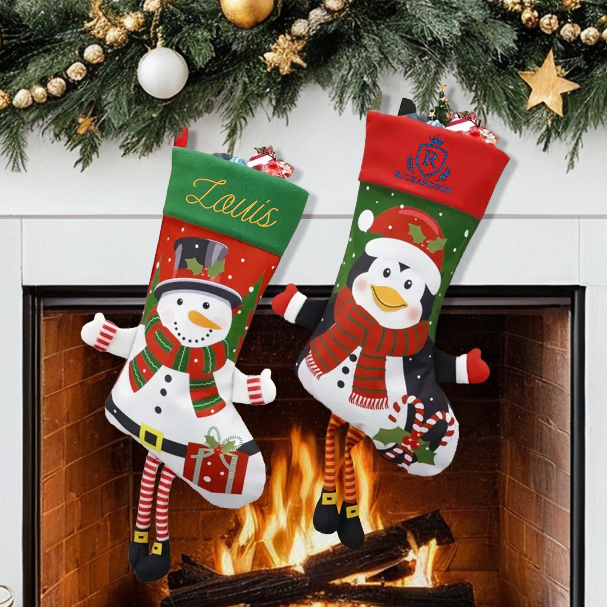 Custom Embroidered Festive Christmas Stocking, Personalised Merry Xmas Present Sock Santa Reindeer Holiday Decor Family Kid Gift Bag Storage