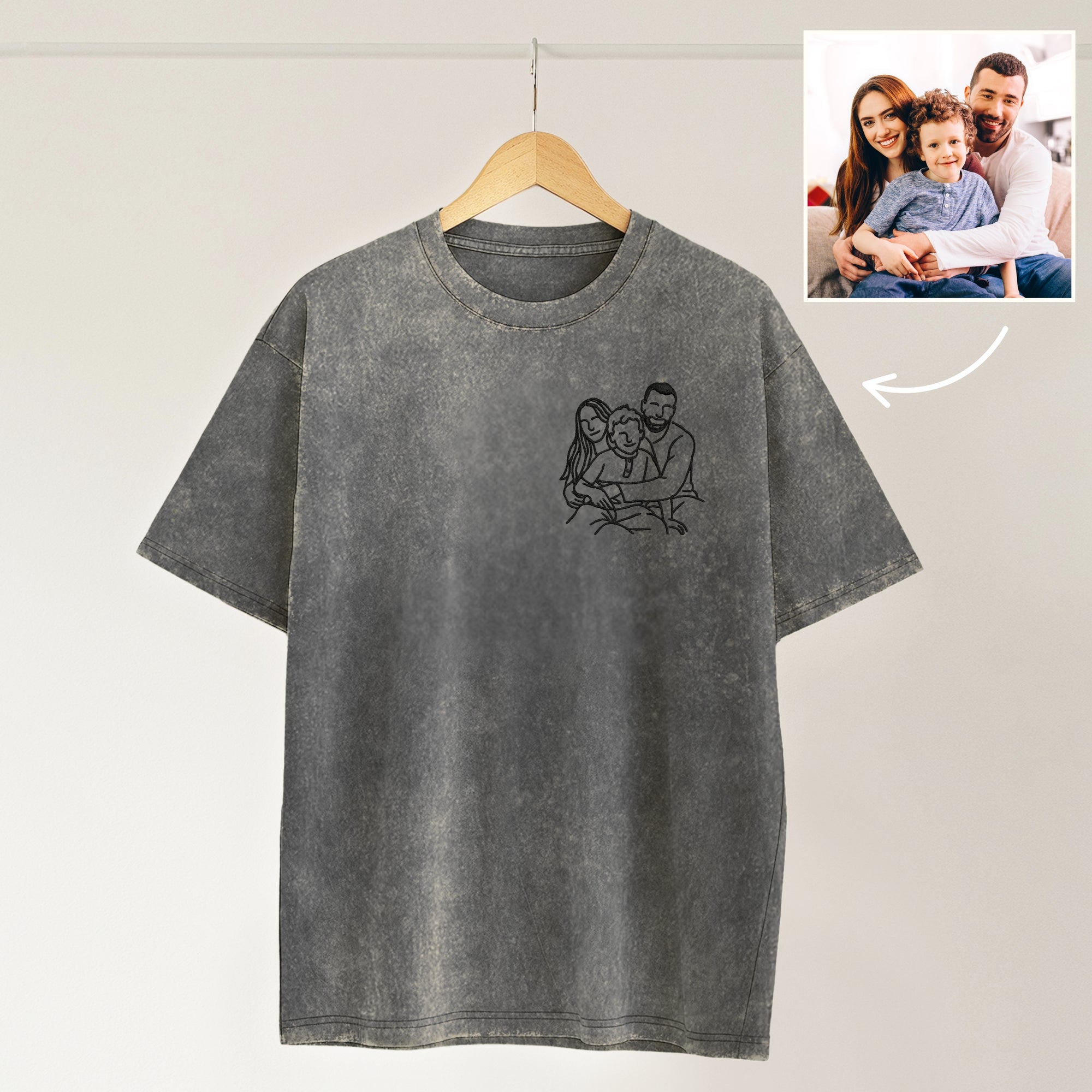 Custom Embroidered Photo Outline Unisex Stone Wash T-shirt, Personalised Crewneck Tee, Family Couple, Pet Portrait Shirts Birthday Xmas Gift