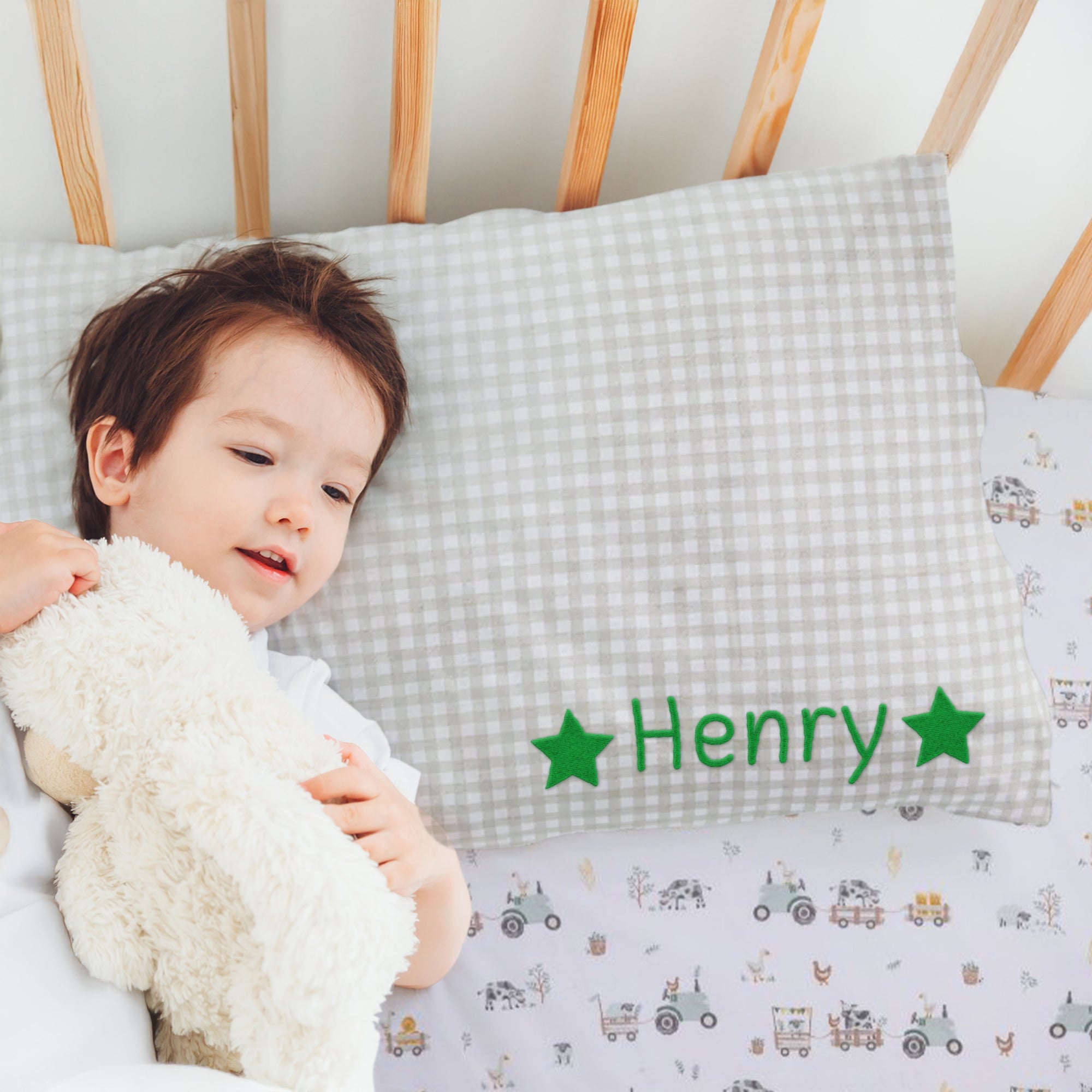 Custom Embroidered Organic Pillowcase & Port-a-Cot Sheet Set, Personalised Infant Baby Boy Name Crib Sleep Cover, Christening, Birthday Gift