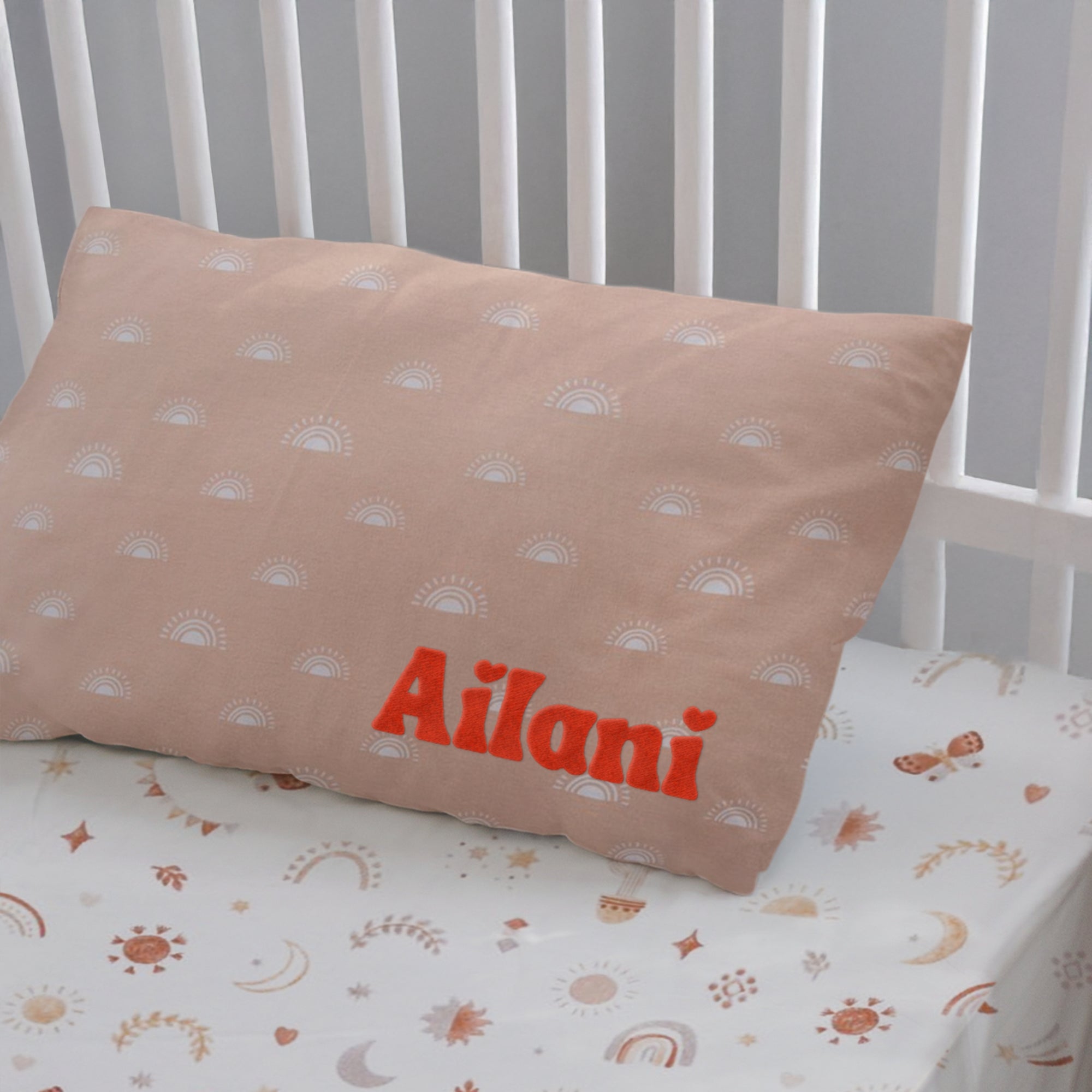 Custom Embroidered Organic Pillowcase & Port-a-Cot Sheet Set, Personalised Infant Baby Girl Name Crib Sleep Cover, Christening Birthday Gift
