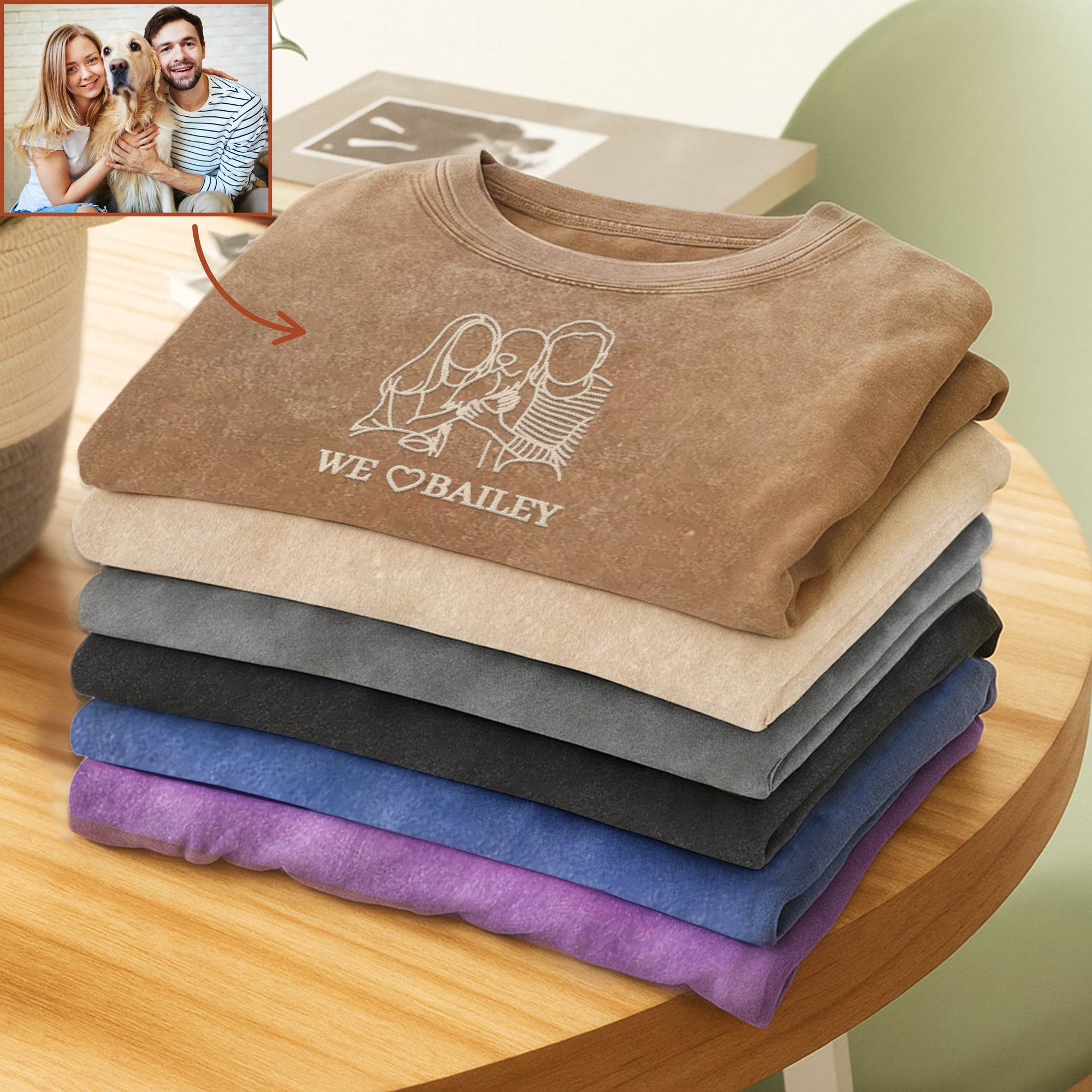 Custom Embroidered Photo Outline Unisex Stone Wash T-shirt, Personalised Crewneck Tee, Family Couple, Pet Portrait Shirts Birthday Xmas Gift