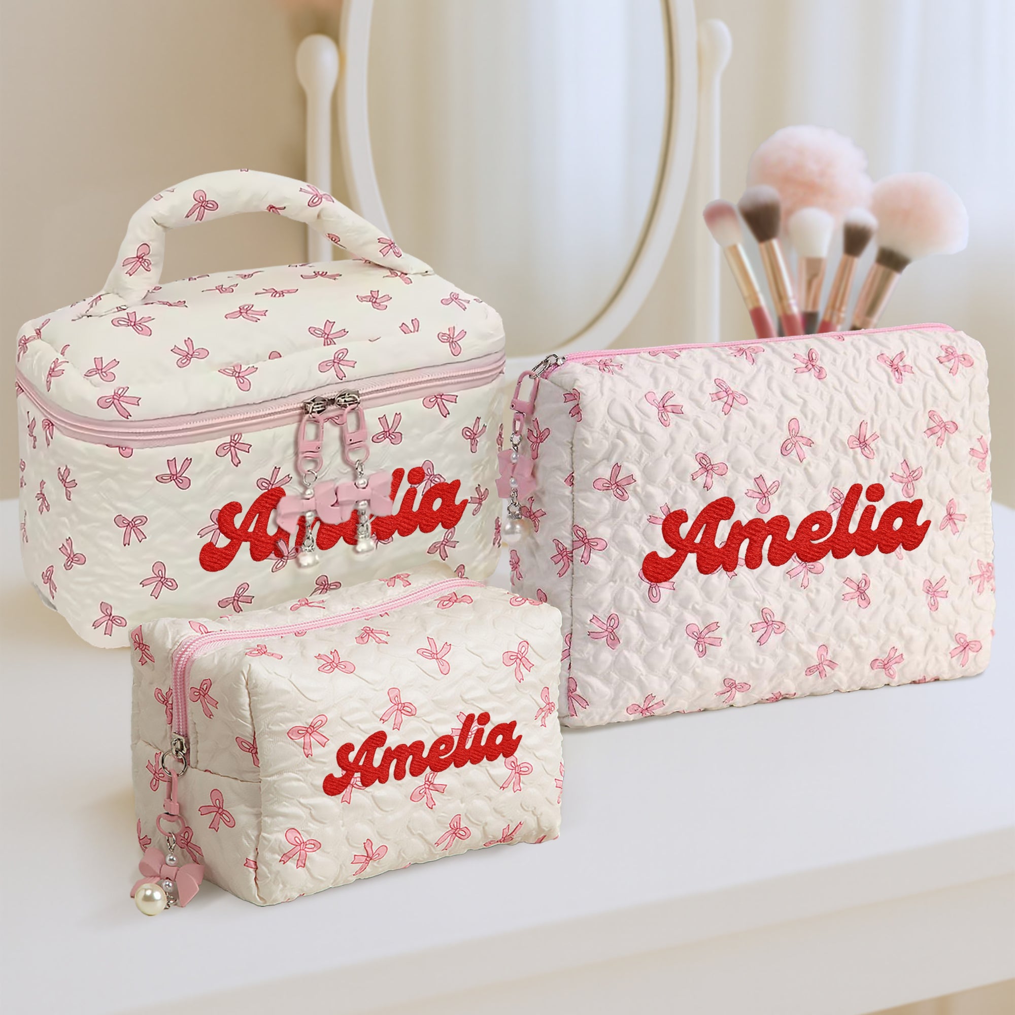 Custom Embroidered Pink Bow Quilted Makeup Bag Set, Personalised Cosmetic Pouch Travel Toiletry Storage, Bridesmaid Destination Wedding Gift