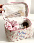 Custom Embroidered Pink Bow Quilted Makeup Bag Set, Personalised Cosmetic Pouch Travel Toiletry Storage, Bridesmaid Destination Wedding Gift