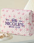Custom Embroidered Pink Bow Quilted Makeup Bag Set, Personalised Cosmetic Pouch Travel Toiletry Storage, Bridesmaid Destination Wedding Gift