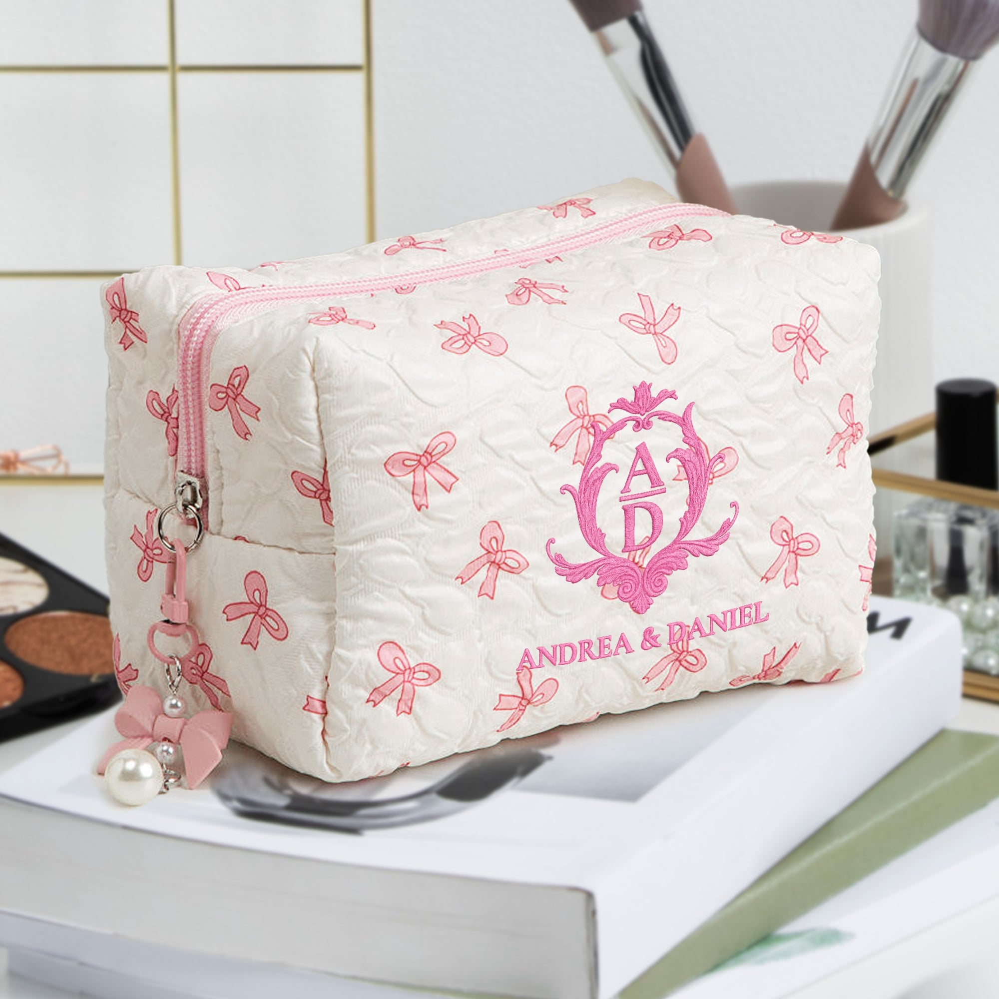 Custom Embroidered Pink Bow Quilted Makeup Bag Set, Personalised Cosmetic Pouch Travel Toiletry Storage, Bridesmaid Destination Wedding Gift