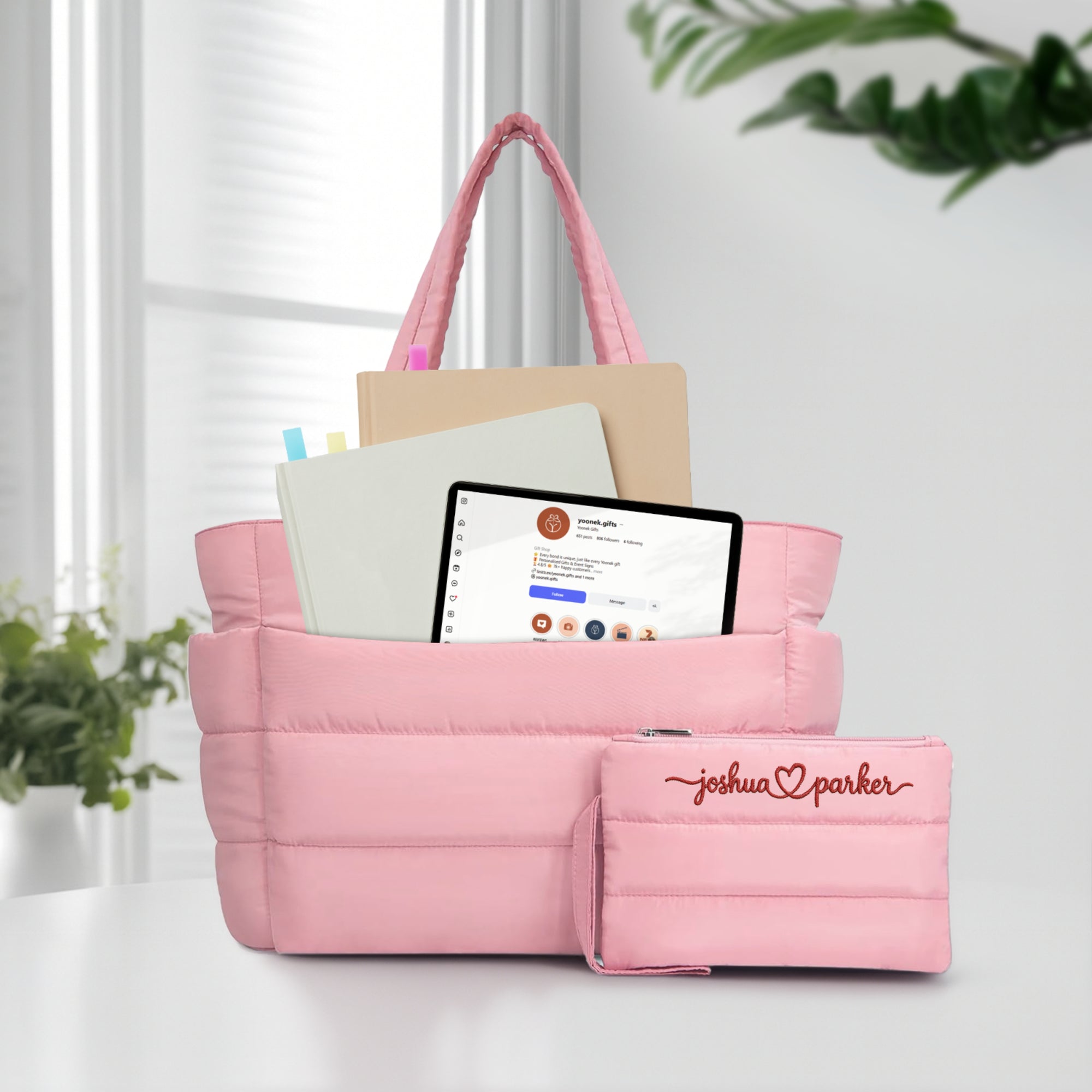 Custom Embroidered Quilted Tote & Pouch Set, Personalised Travel/ Gym School Shoulder Puffer Bag, Bridesmaid, Mom, Xmas Logo Corporate Gift