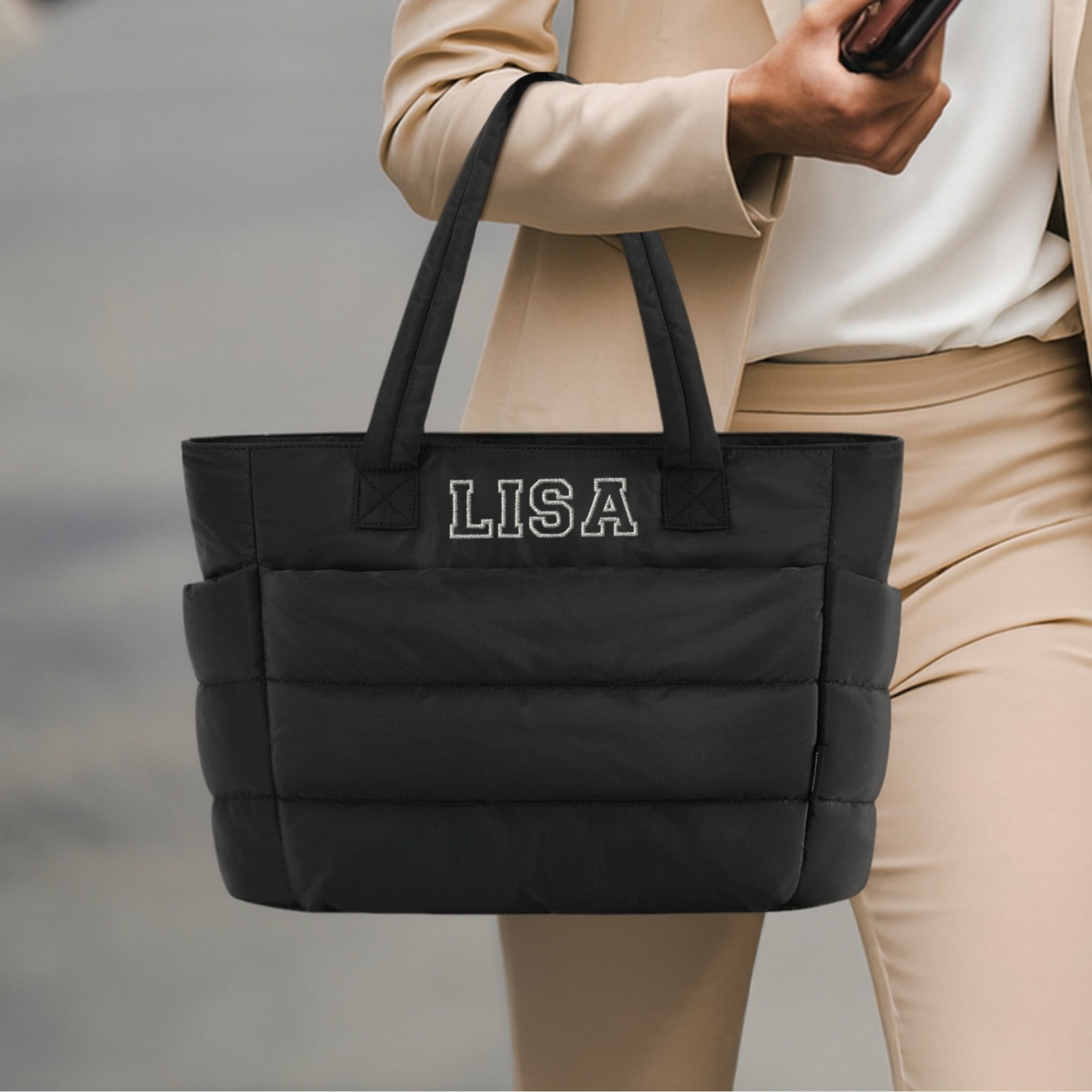 Custom Embroidered Quilted Tote & Pouch Set, Personalised Travel/ Gym School Shoulder Puffer Bag, Bridesmaid, Mom, Xmas Logo Corporate Gift